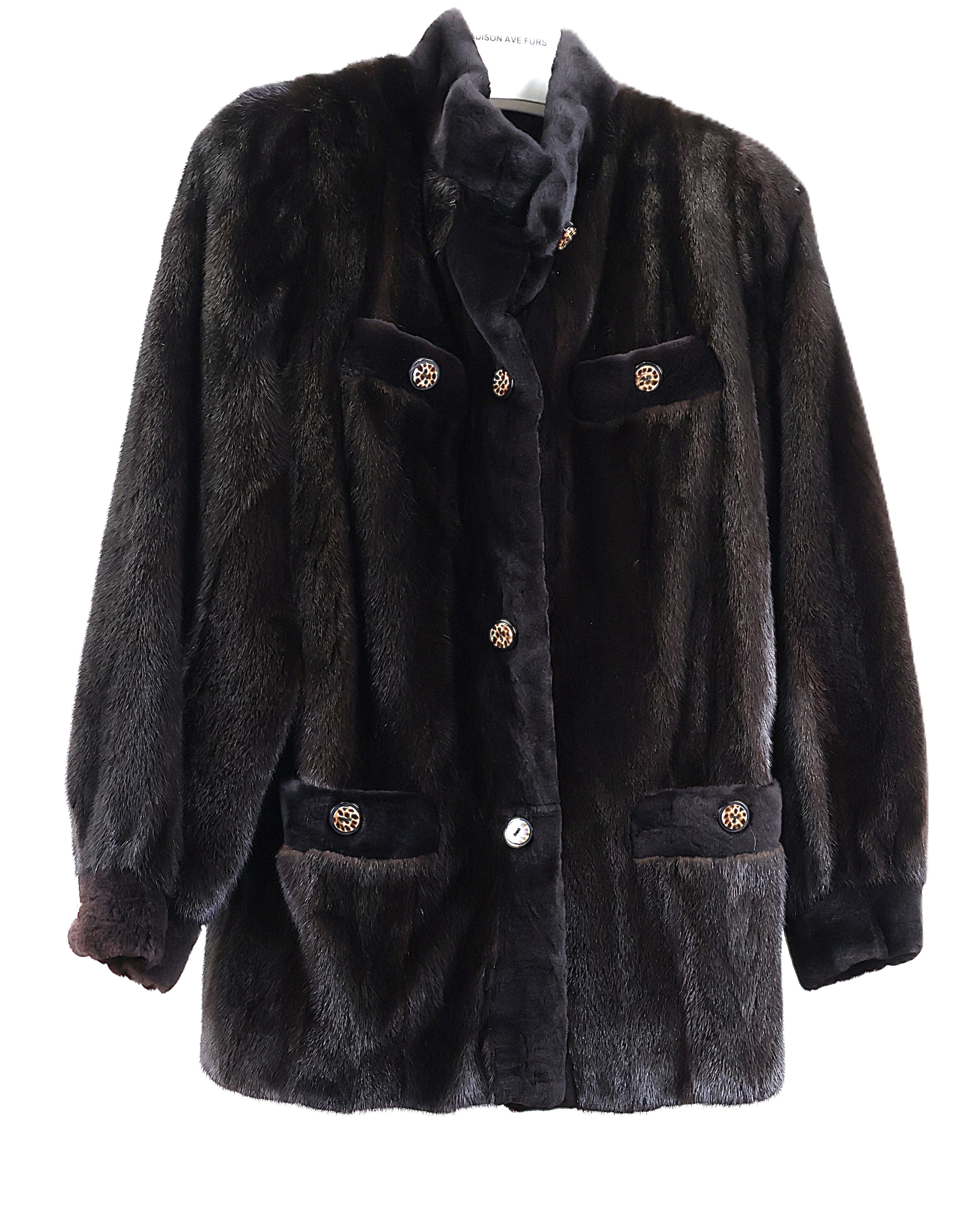 PRE-OWNED RANCH MINK JACKET W/ SHEARED MINK NOTCH COLLAR, TRIM & CUFFS, PATCH POCKETS