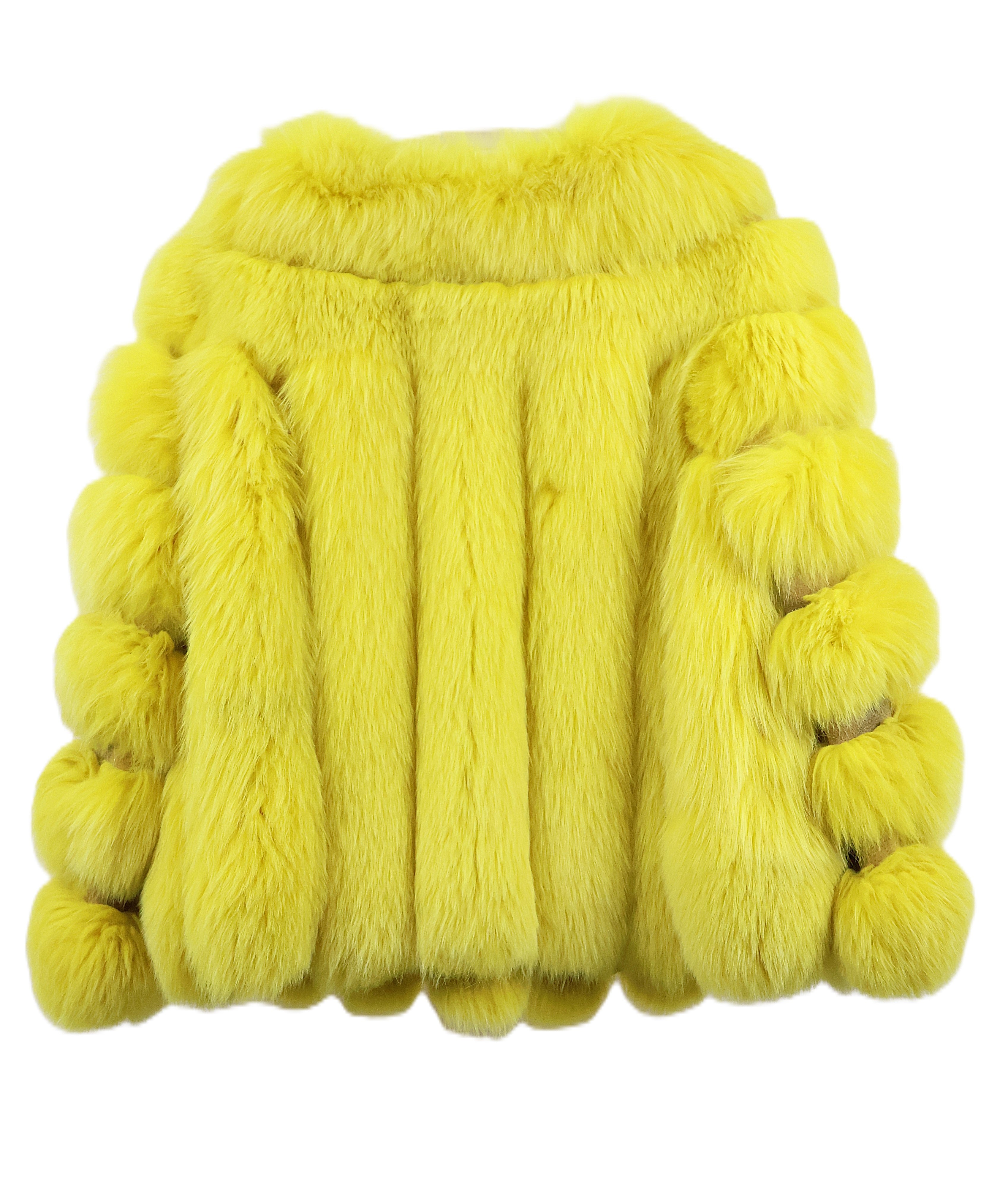 PRE-OWNED YELLOW DYED FOX COLLARLESS JACKET W/ HORIZONTAL SLEEVES