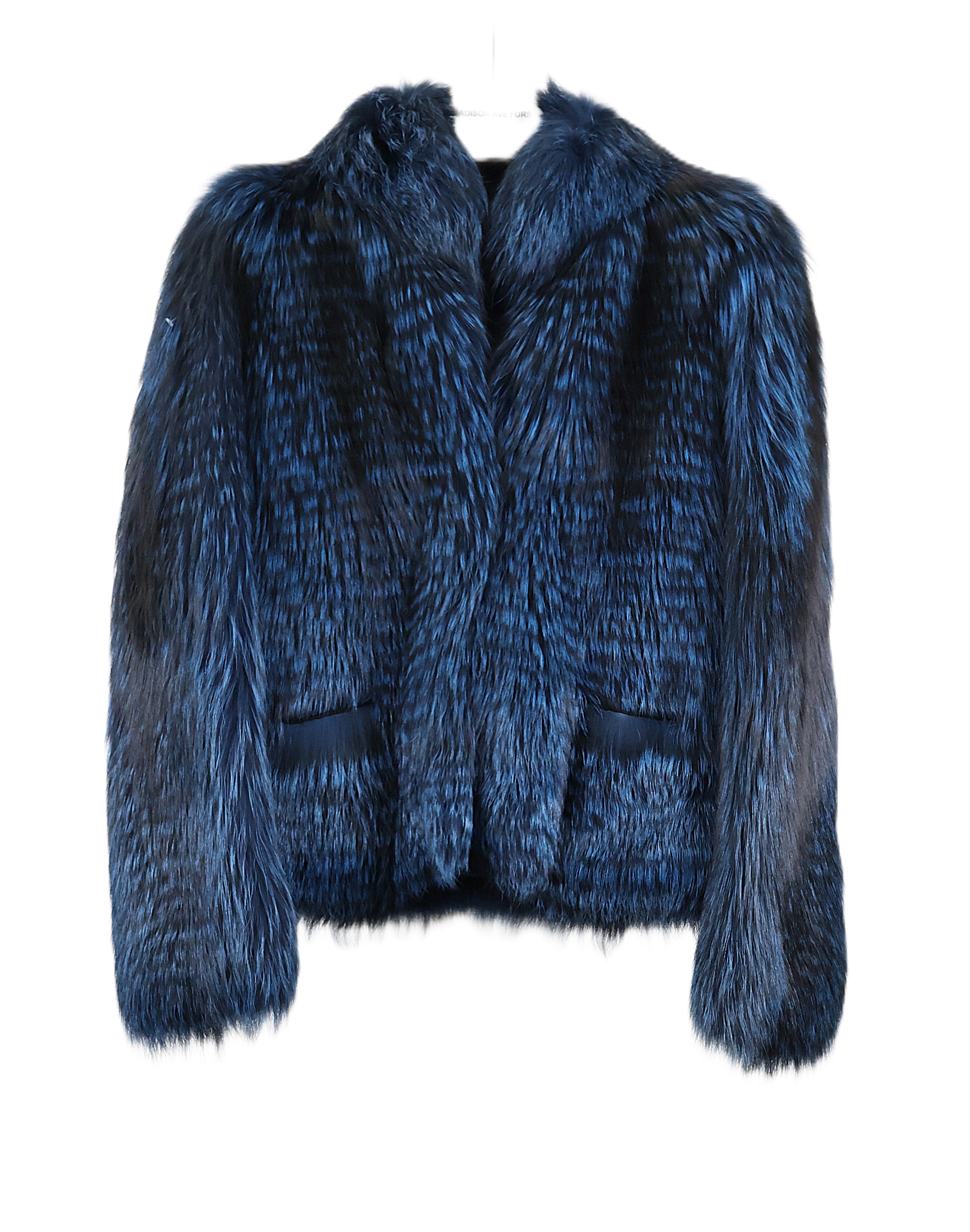 PRE-OWNED ROYAL BLUE & NAVY DYED FEATHERED FOX JACKET W/ STAND UP COLLAR