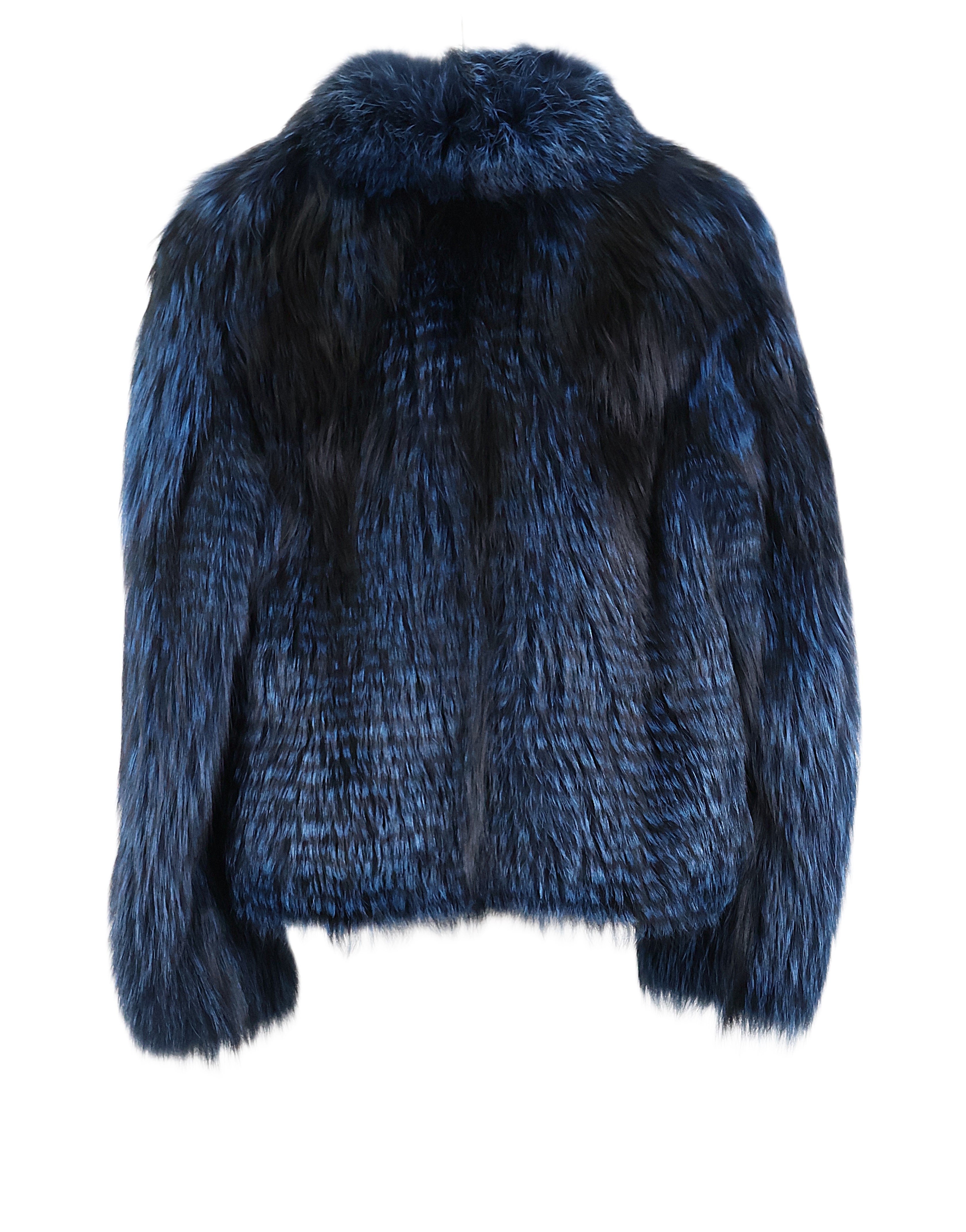 PRE-OWNED ROYAL BLUE & NAVY DYED FEATHERED FOX JACKET W/ STAND UP COLLAR