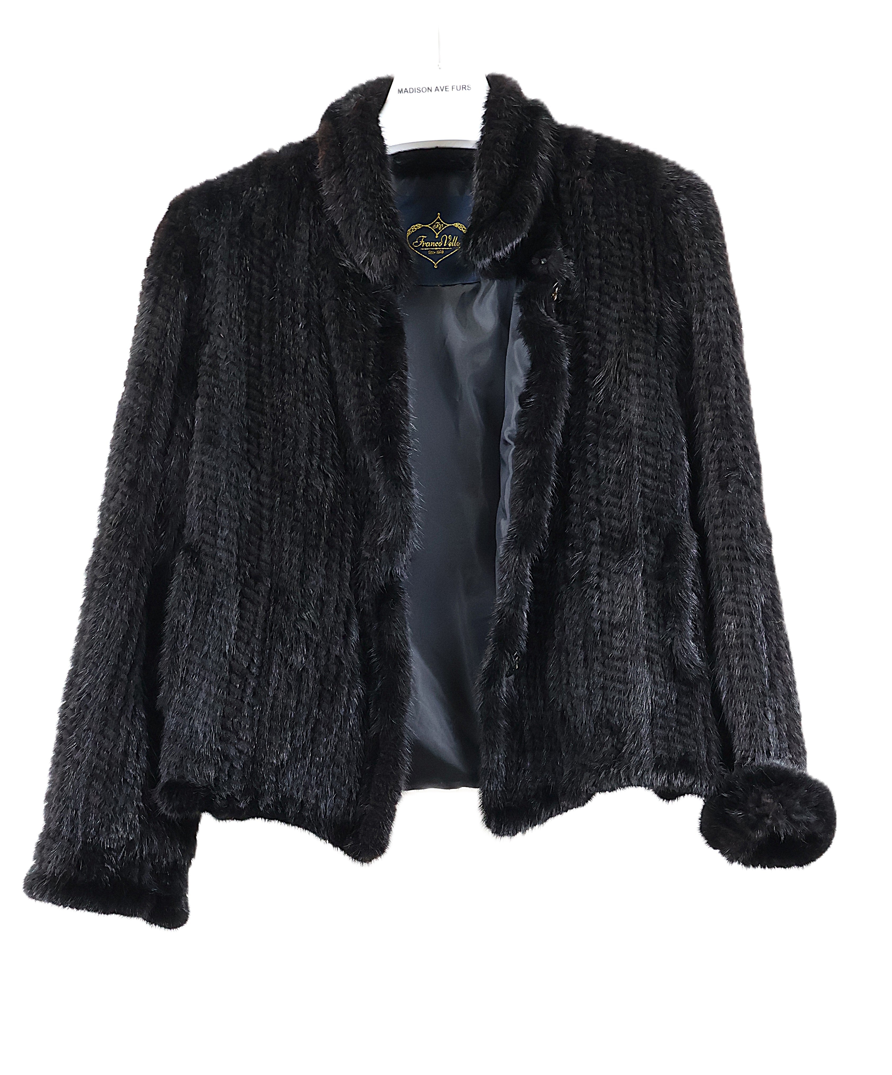 NEW BLACK KNITTED MINK BUTTON JACKET W/ WING COLLAR & STRAIGHT SLEEVES