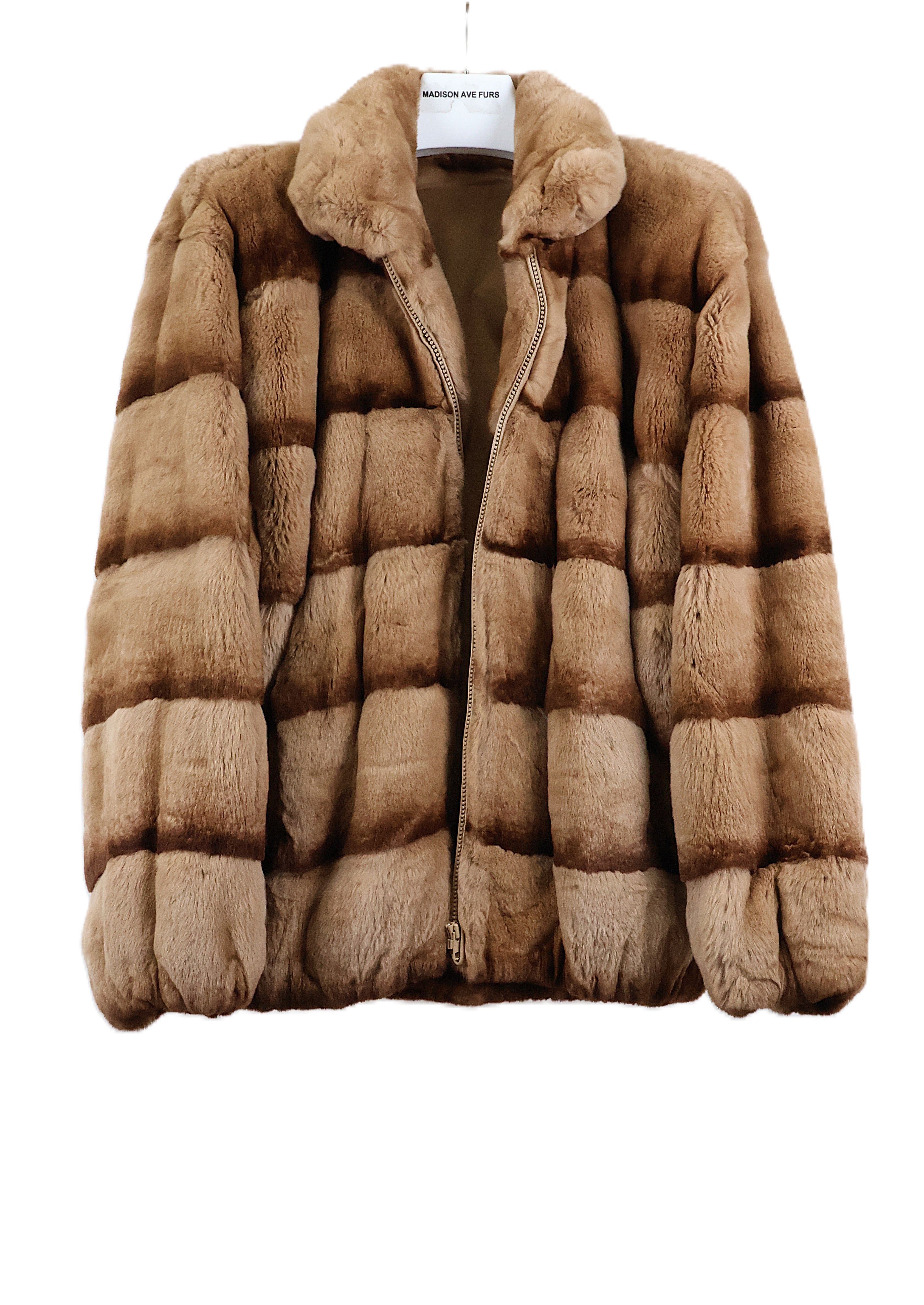 PRE-OWNED TAN/BROWN DYES HORIZONTAL REX RABBIT BOMBER JACKET W/ WING COLLAR & ELASTIC CUFFS & HEM