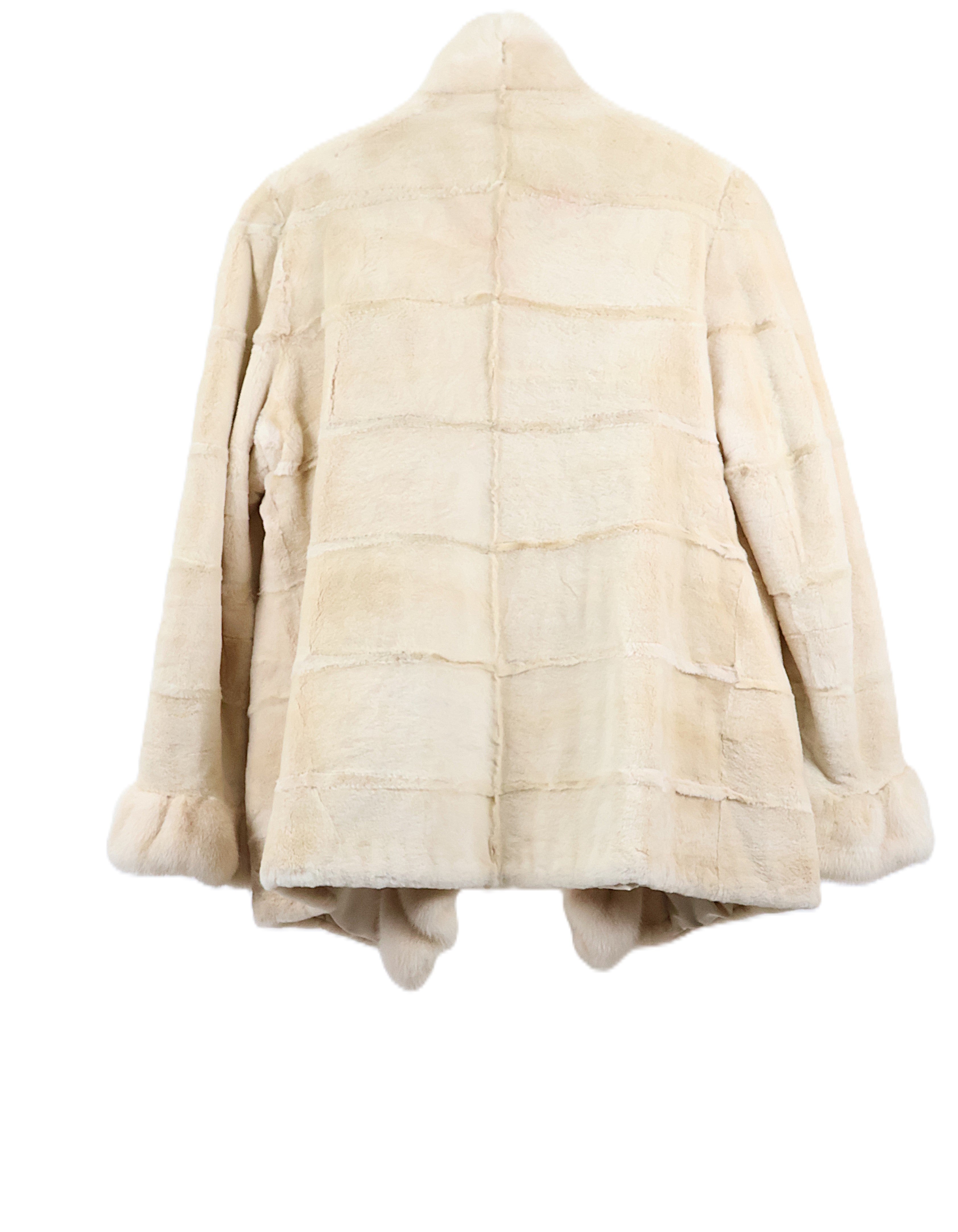 PRE-OWNED CREAM SHEARED HORIZONTAL MINK JACKET W/ LONG HAIR MINK RUFFLED FRONT TUXEDO & CUFFS