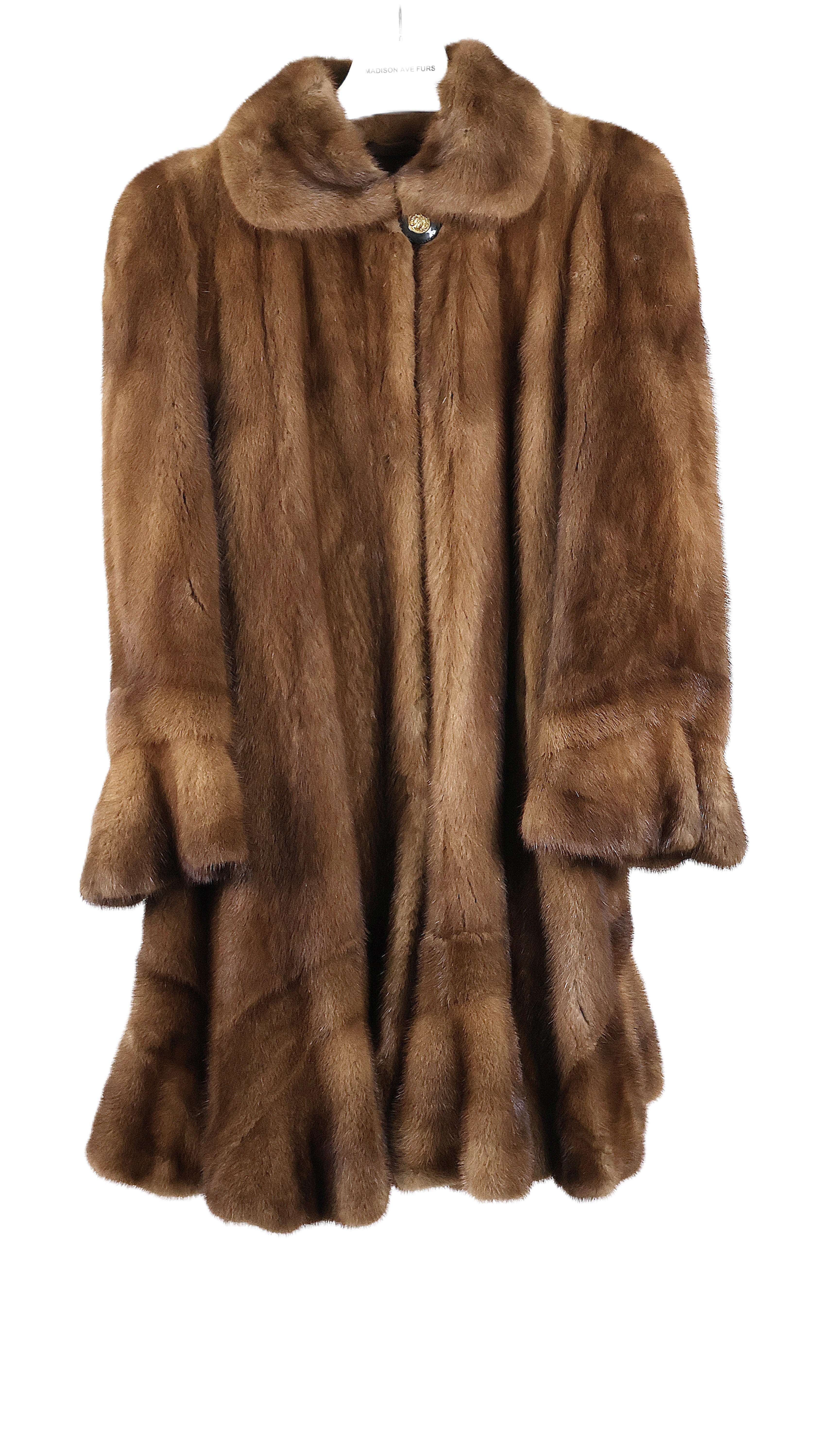 PRE-OWNED NATURAL DEMI BUFF MINK DIRECTIONAL SWING W/ WING COLLAR RUFFLED HEM & BELL SLEEVES