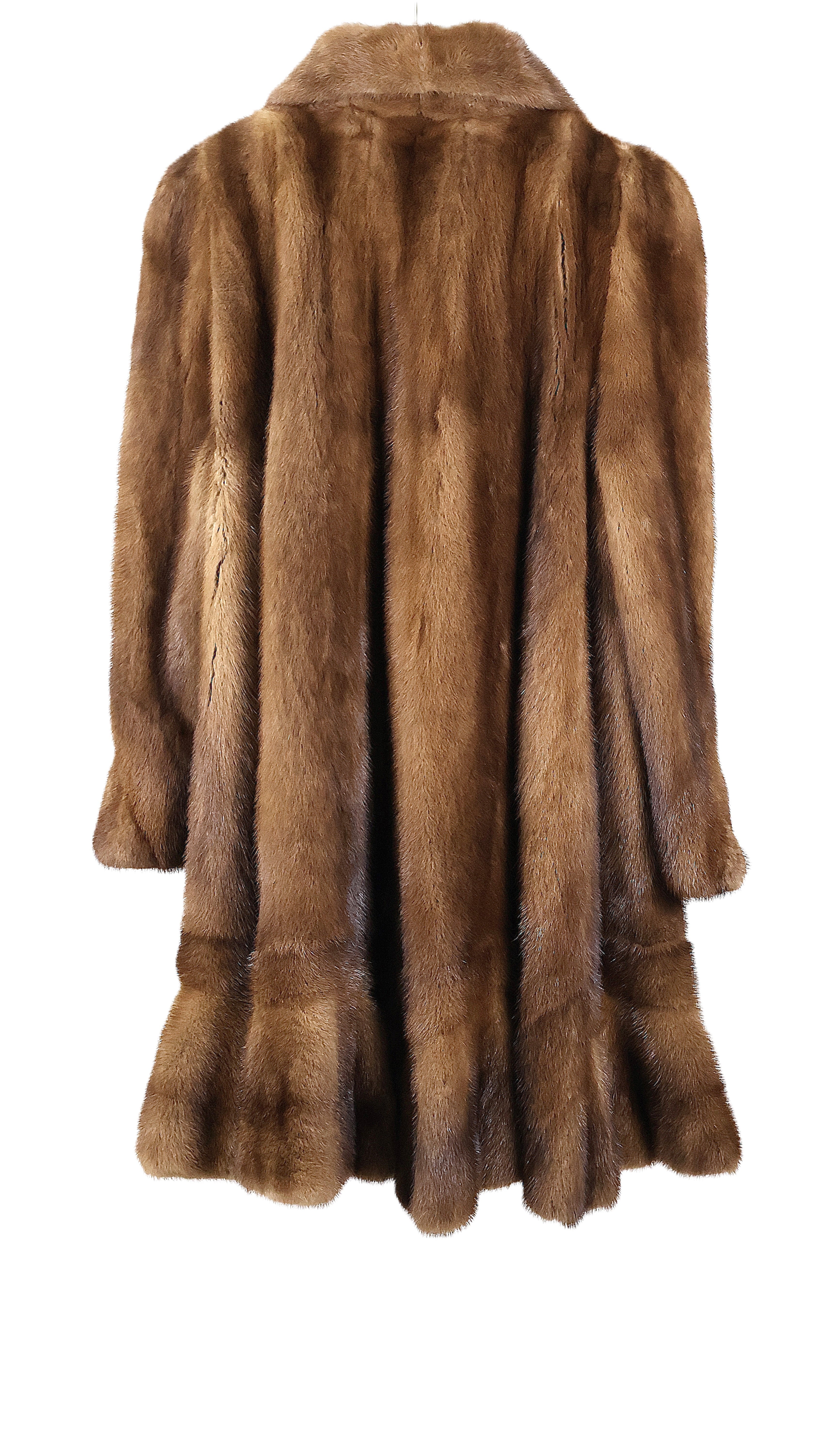 PRE-OWNED NATURAL DEMI BUFF MINK DIRECTIONAL SWING W/ WING COLLAR RUFFLED HEM & BELL SLEEVES