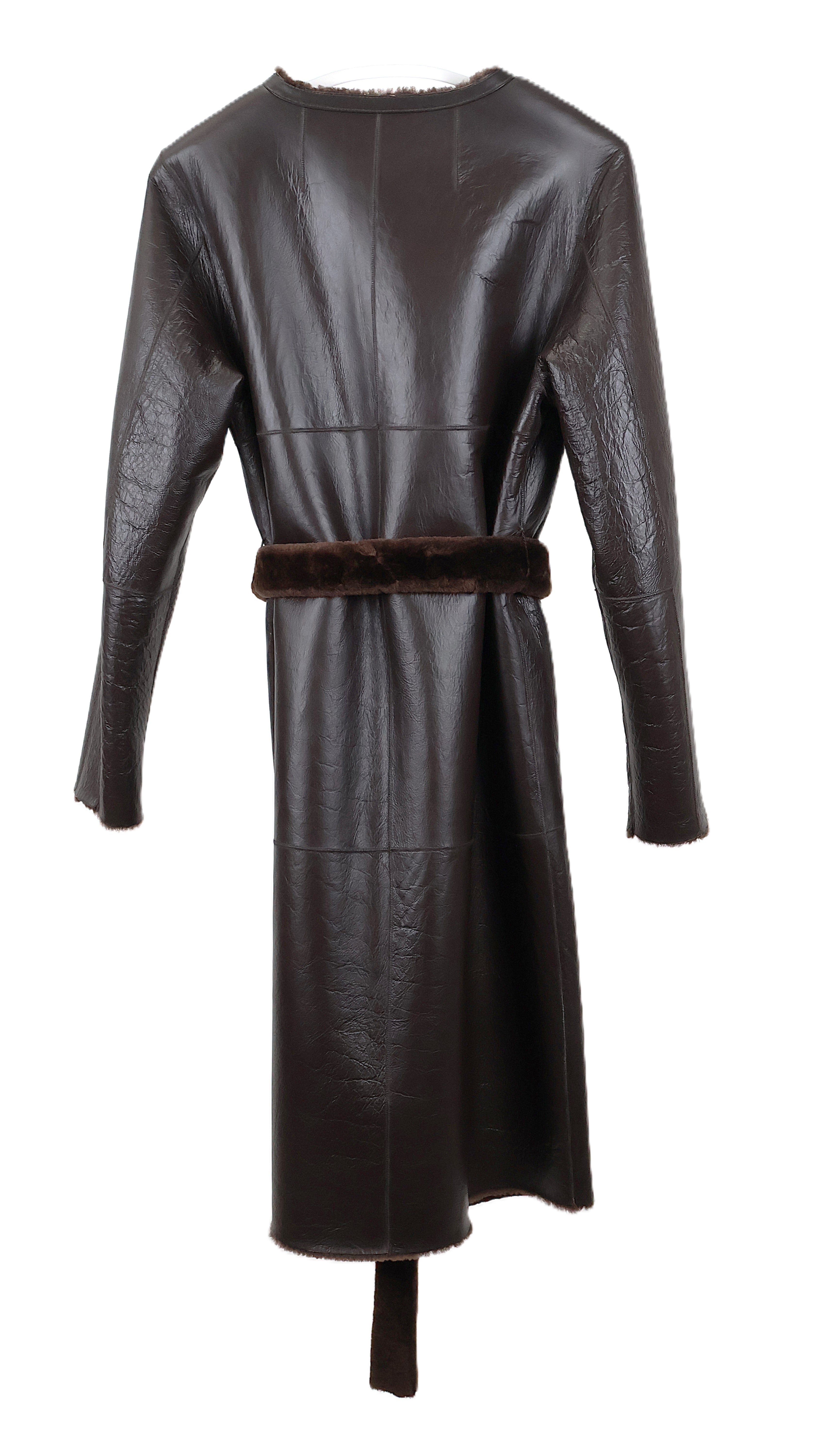 NEW BROWN DYED REVERSIBLE NAPPA SHEARLING COLLARLESS COAT W/ WRAP BELT