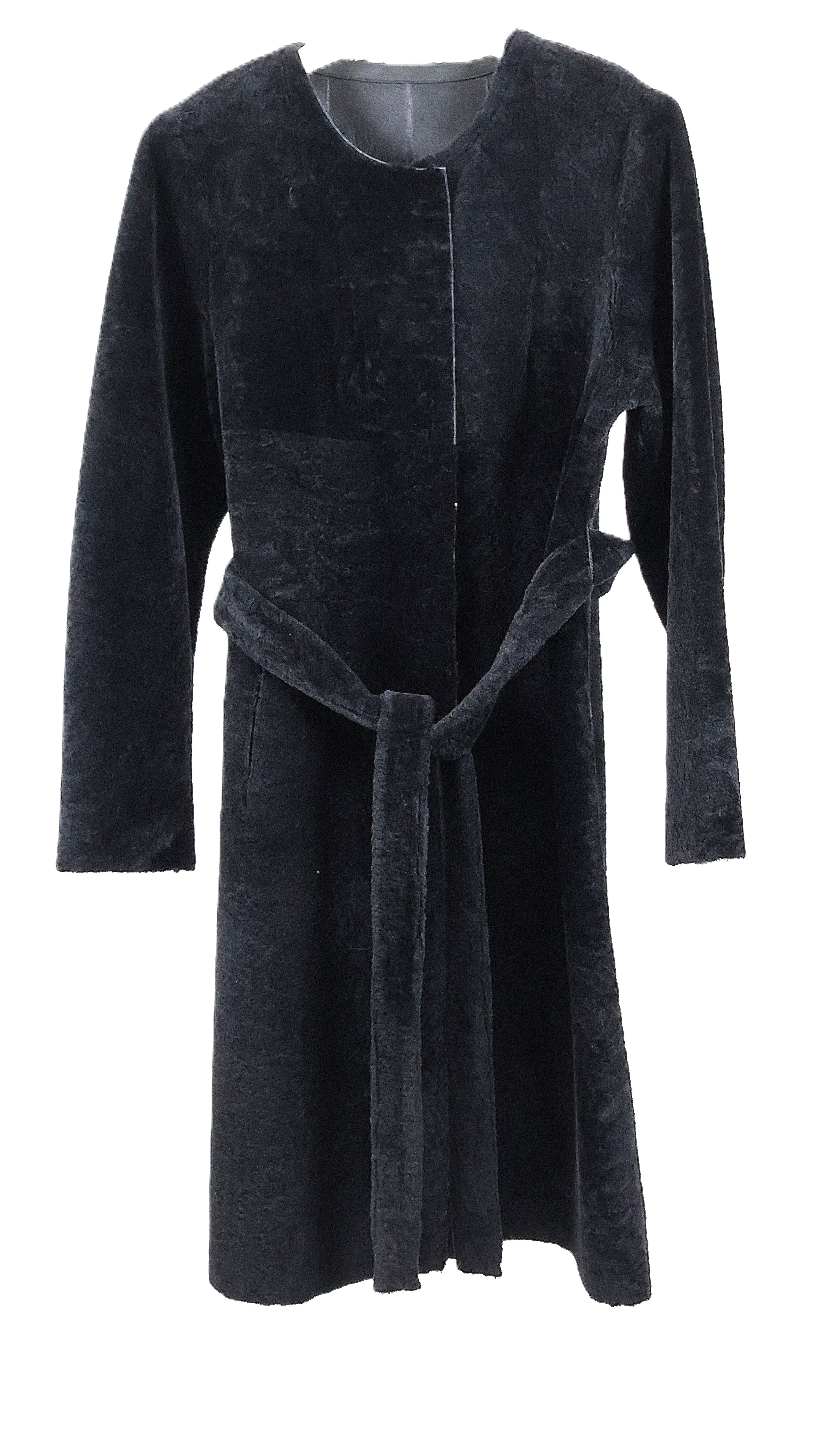 NEW BLACK DYED REVERSIBLE NAPA SHEARLING COLLARLESS COAT W/ WRAP BELT