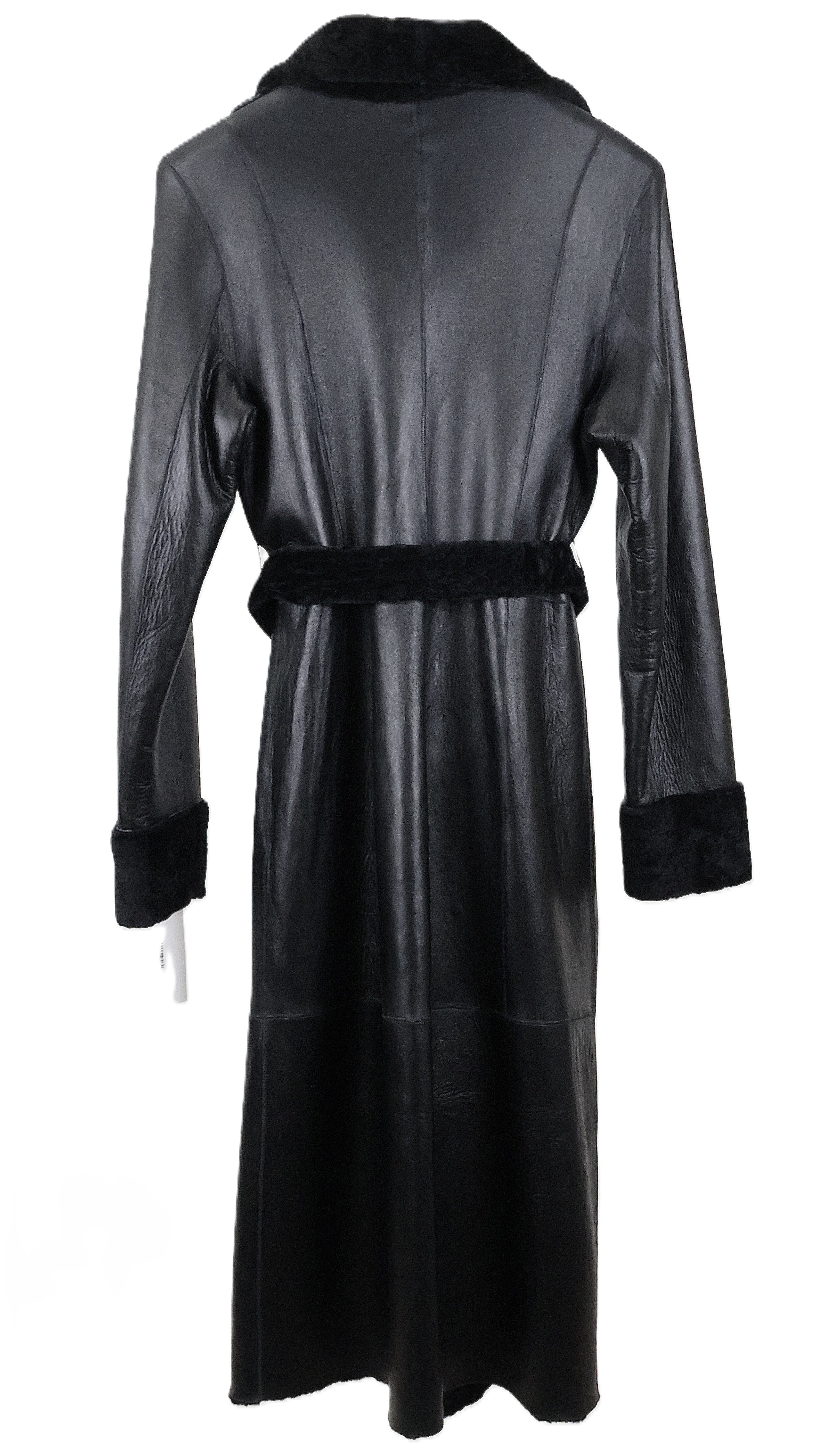 NEW BLACK DYED REVERSIBLE NAPA SHEARLING COAT W/ NOTCH COLLAR & WRAP BELT