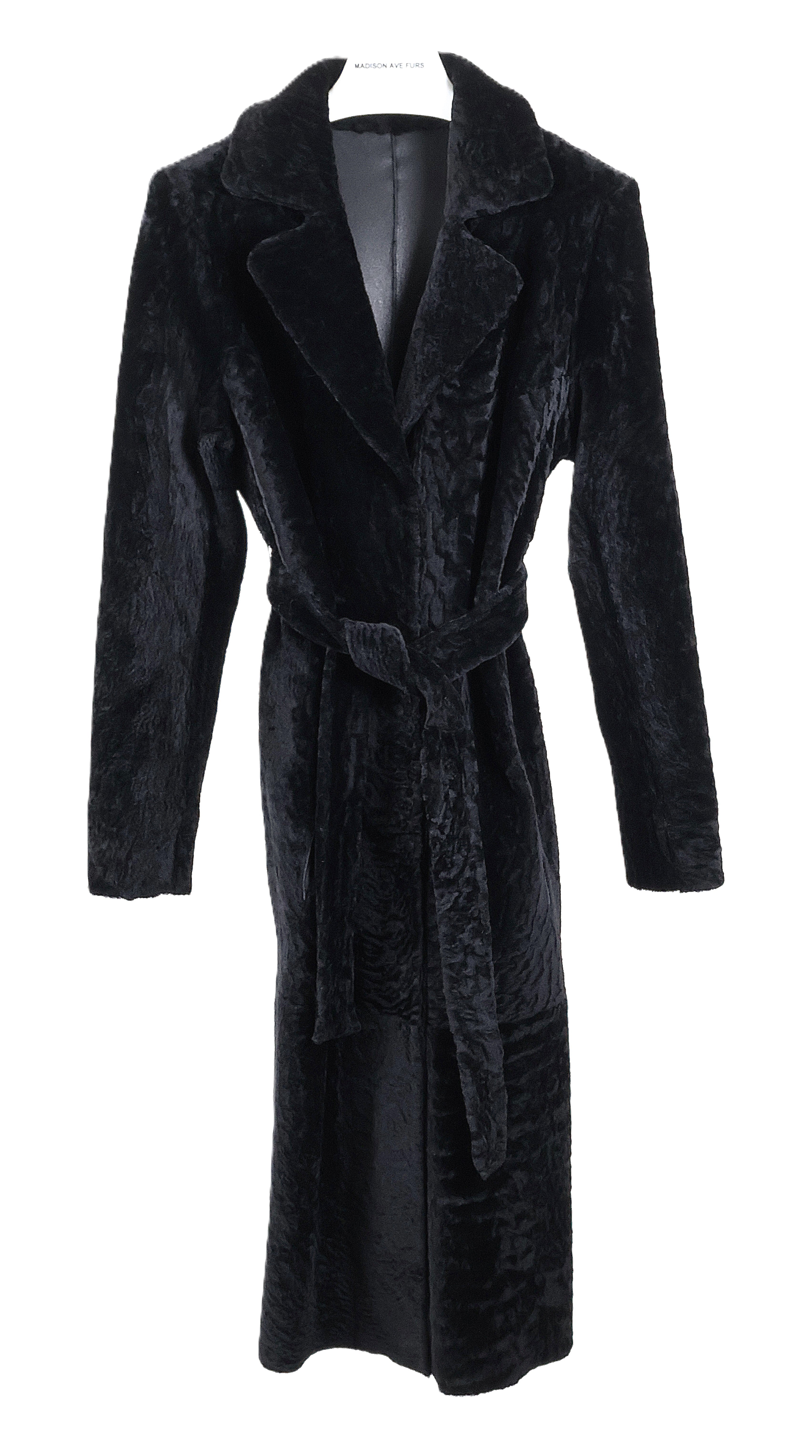 NEW BLACK DYED REVERSIBLE NAPA SHEARLING COAT W/ NOTCH COLLAR & WRAP BELT