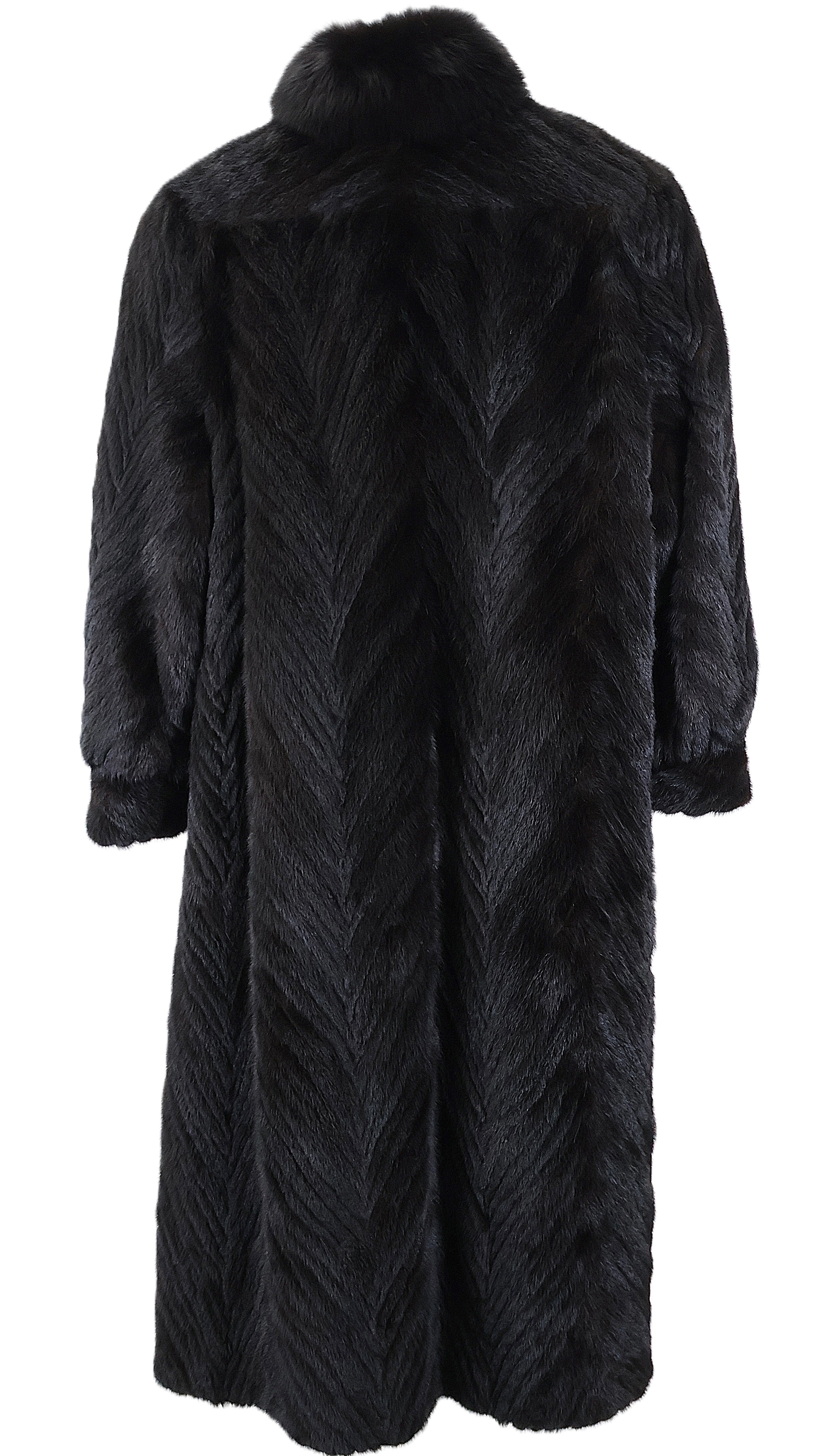 PRE-OWNED MAHOGANY MINK CHEVRON COAT W/ DYED FOX TUXEDO FRONTS & MINK BANDED CUFFS
