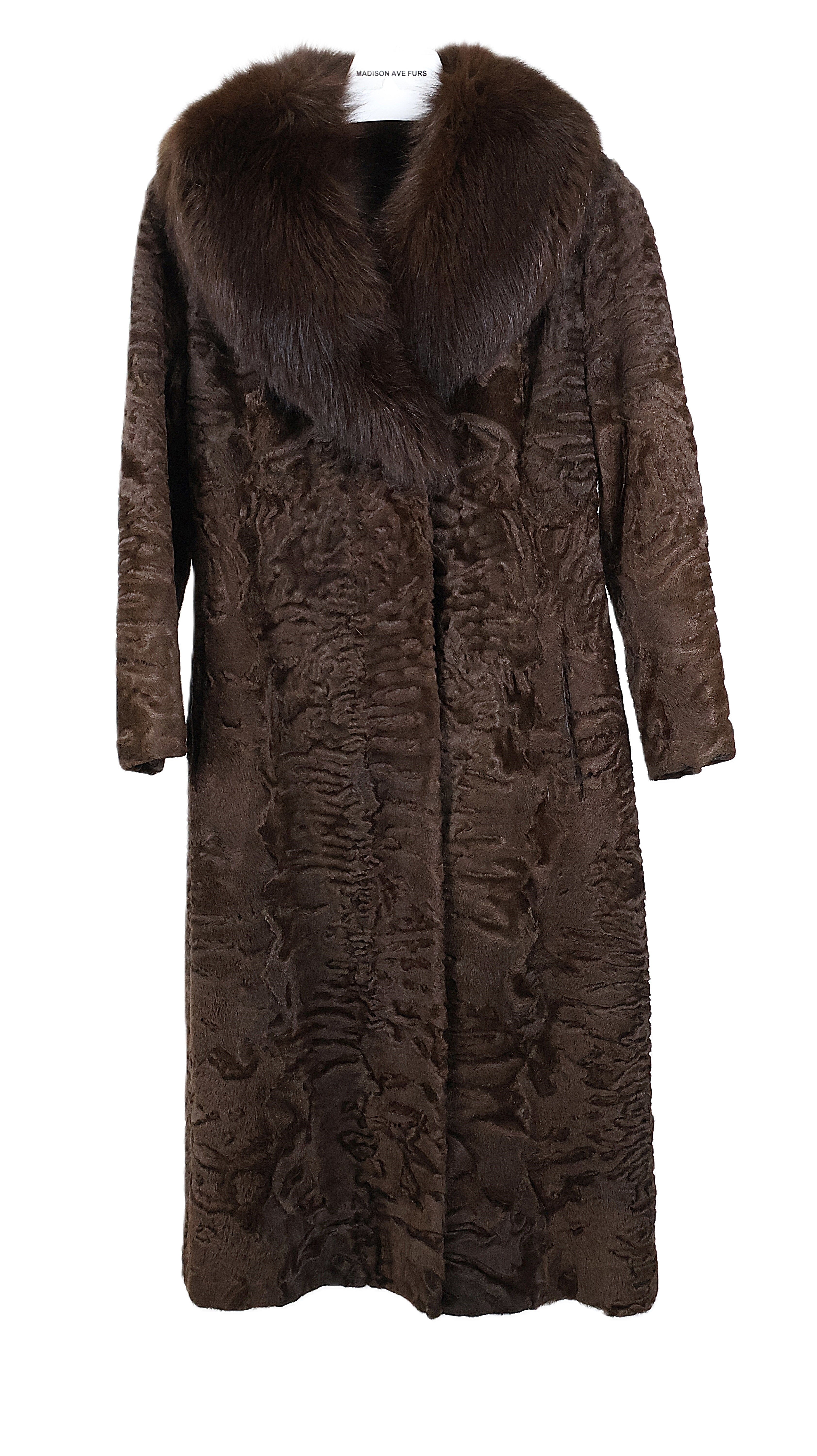 PRE-OWNED BROWN SWAKARA LAMB COAT W/ BROWN FOX PORTRAIT COLLAR & STRAIGHT SLEEVES