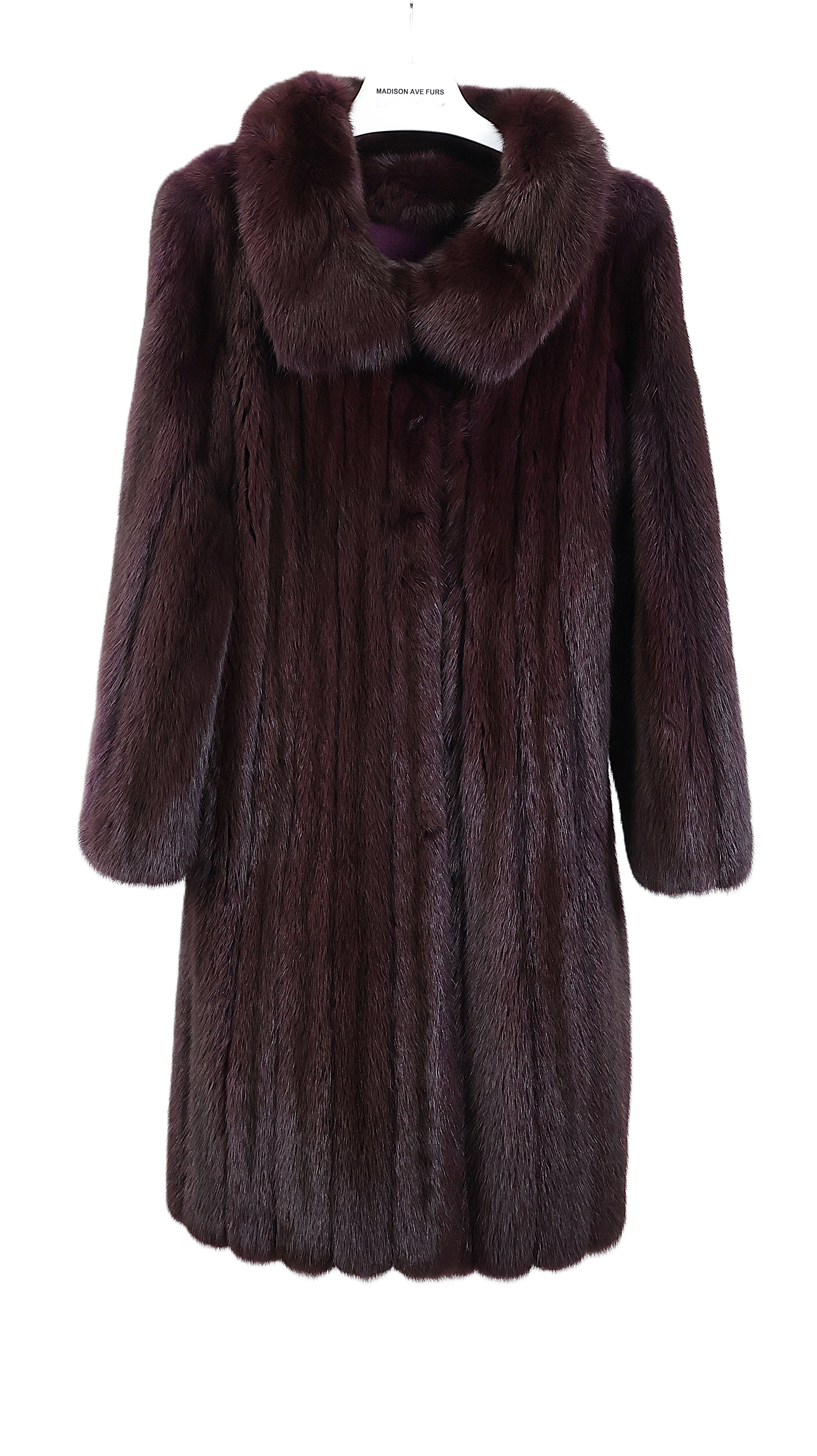 PRE-OWNED OSCAR DE LA RENTA PLUM DYED RUSSIAN SABLE 7/8 COAT W/ WING COLLAR, STRAIGHT SLEEVES & KNIT LINING
