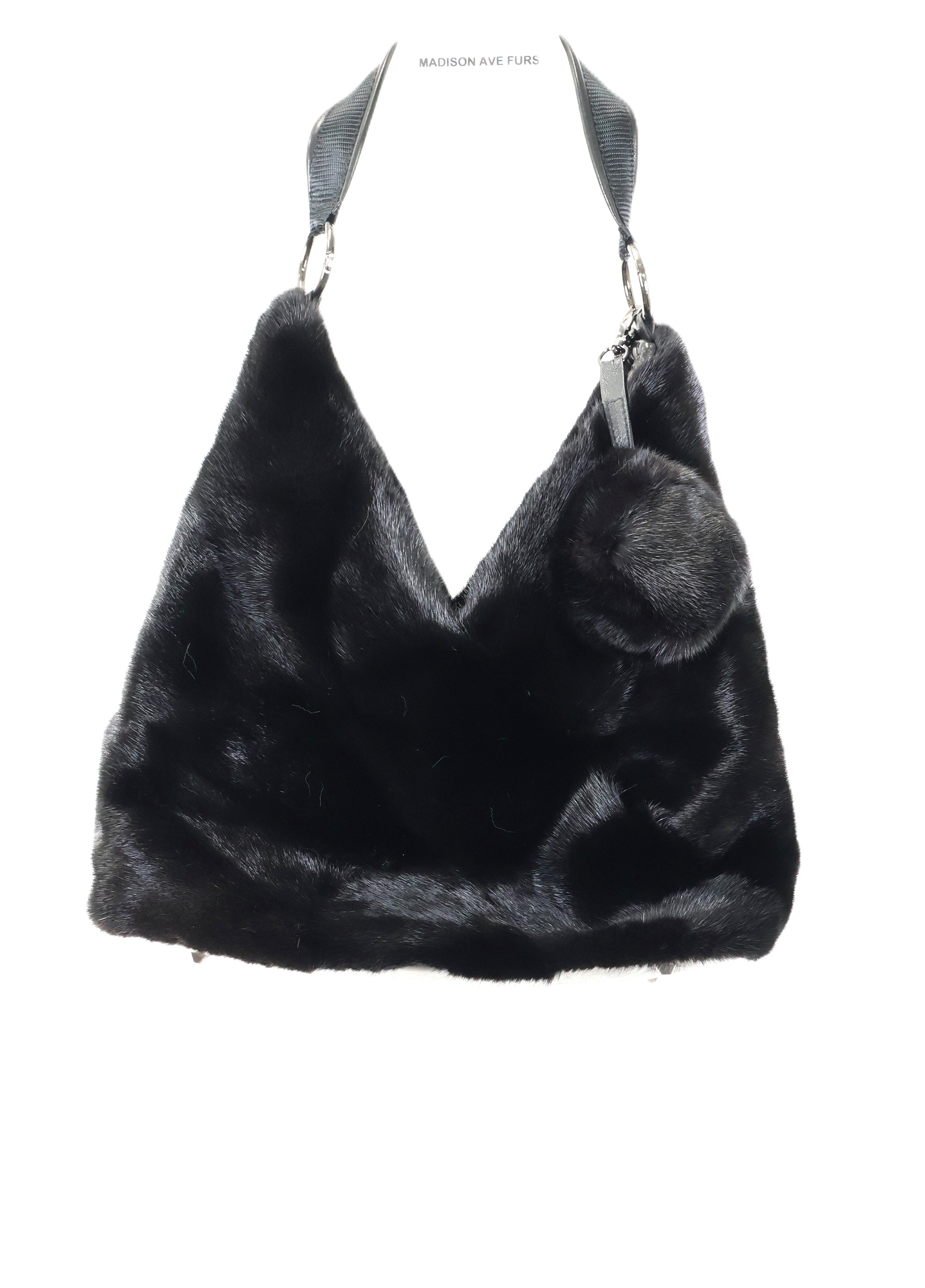 NEW BLACK MINK HAND BAG W/ LEATHER BOTTOM & STRAP. ALSO MINK & LEATHER KEYCHAIN