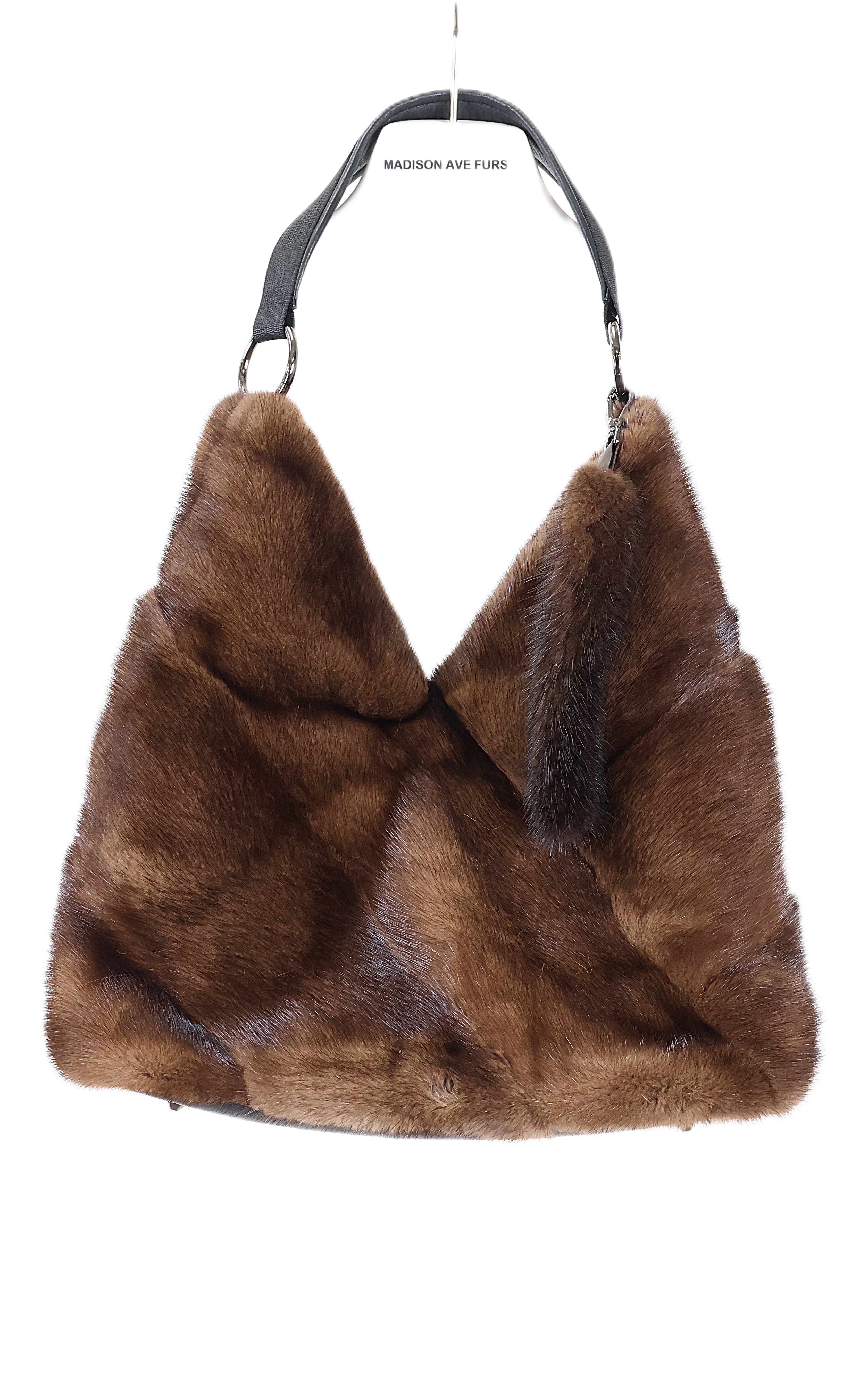 NEW DEMI BUFF MINK HANDBAGW/ LEATHER STRAP & BOTTOM & MINK & LEATHER KEYCHAIN