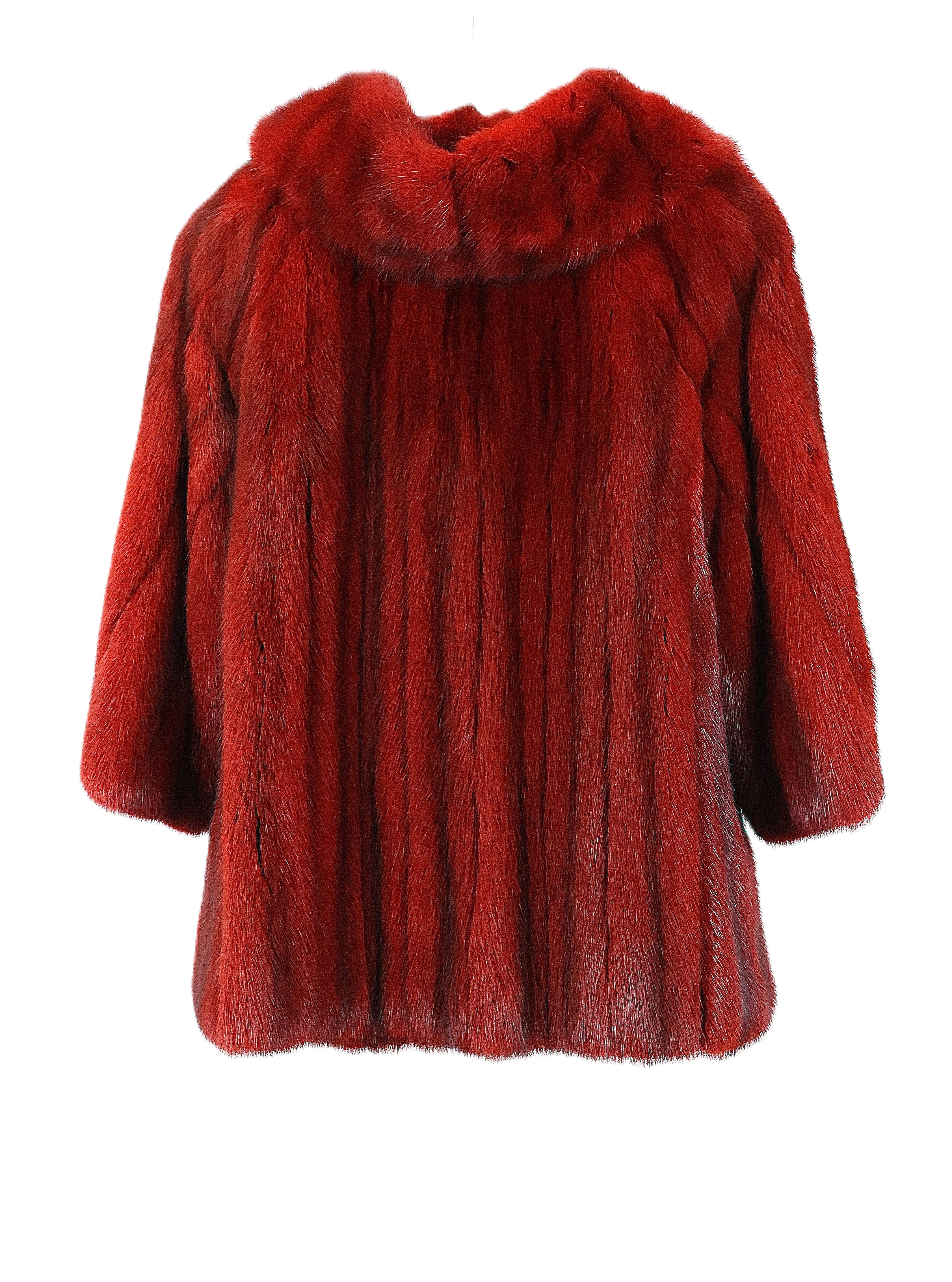 PRE-OWNED BISANG RUBY RED RUSSIAN SABLE COLLARLESS JACKET W/ SCARF STRAIGHT SLEEVES W/ SLITS
