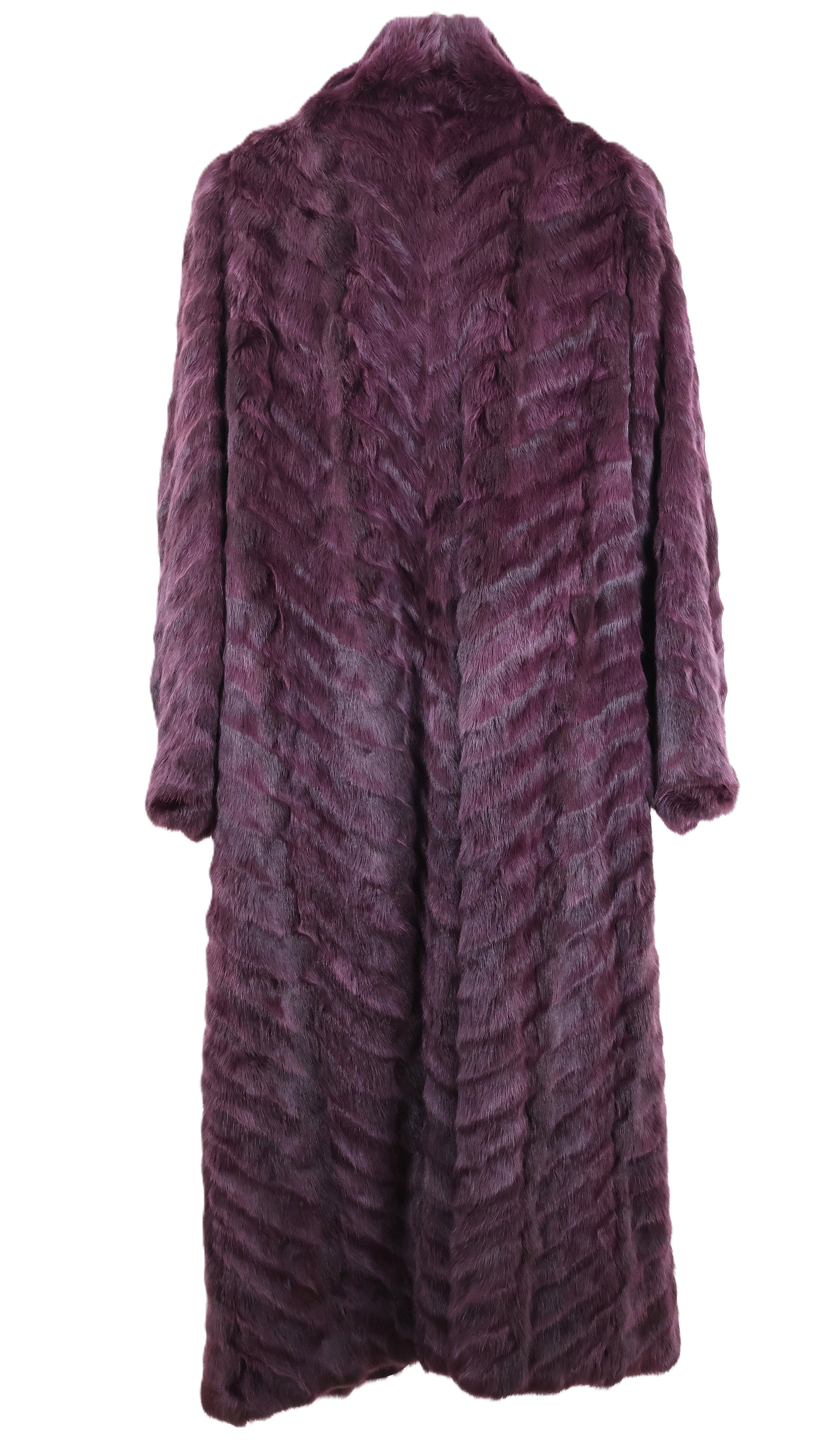 PRE-OWNED PURPLE DYED RUSSIAN SQUIRREL COAT W/ WING COLLAR, DOLMAN SLEEVES & BANDED CUFFS