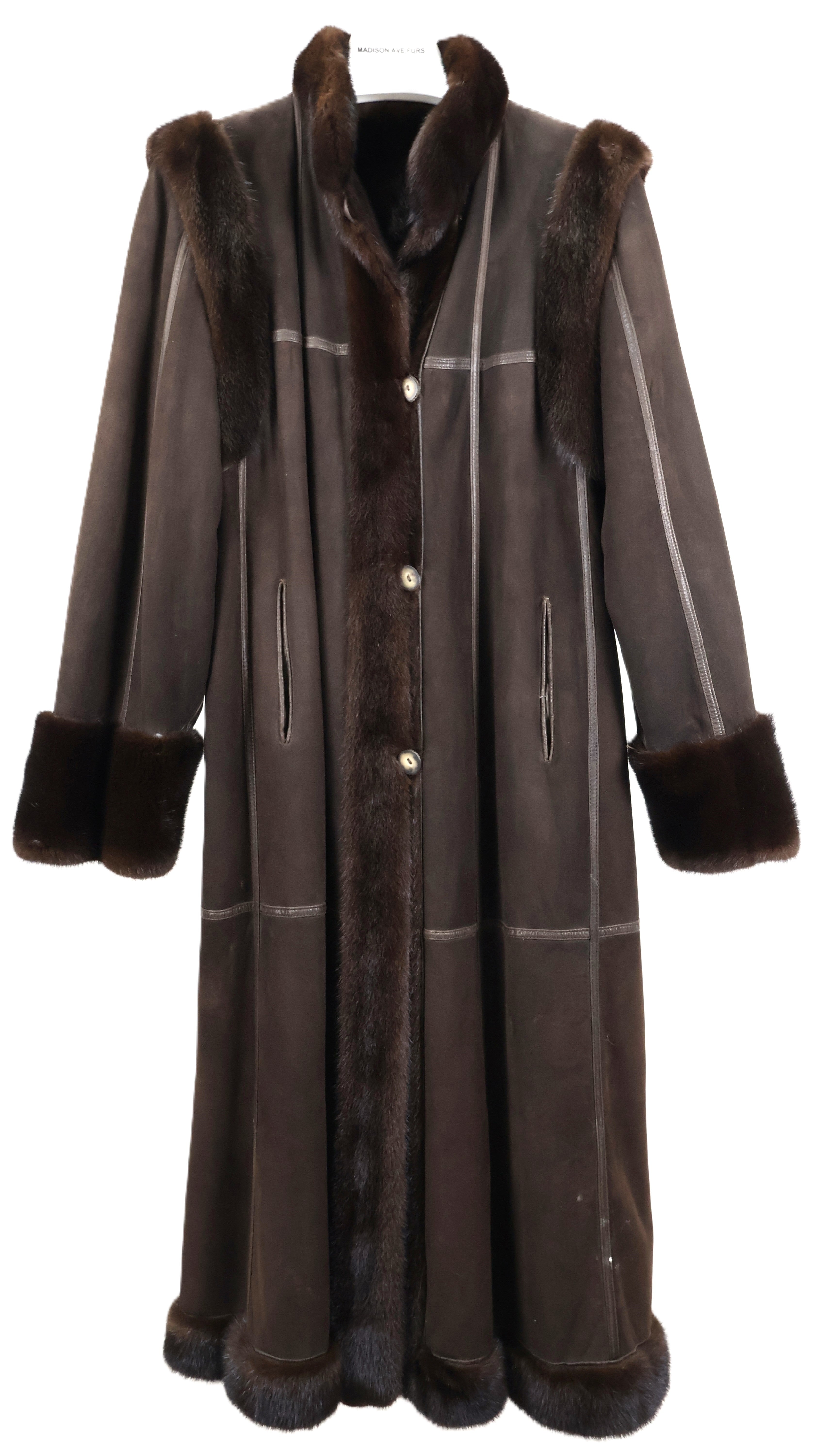 PRE-OWNED MAHOGANY MINK/ NAPA LEATHER REVERSIBLE COAT W/ WING COLLAR