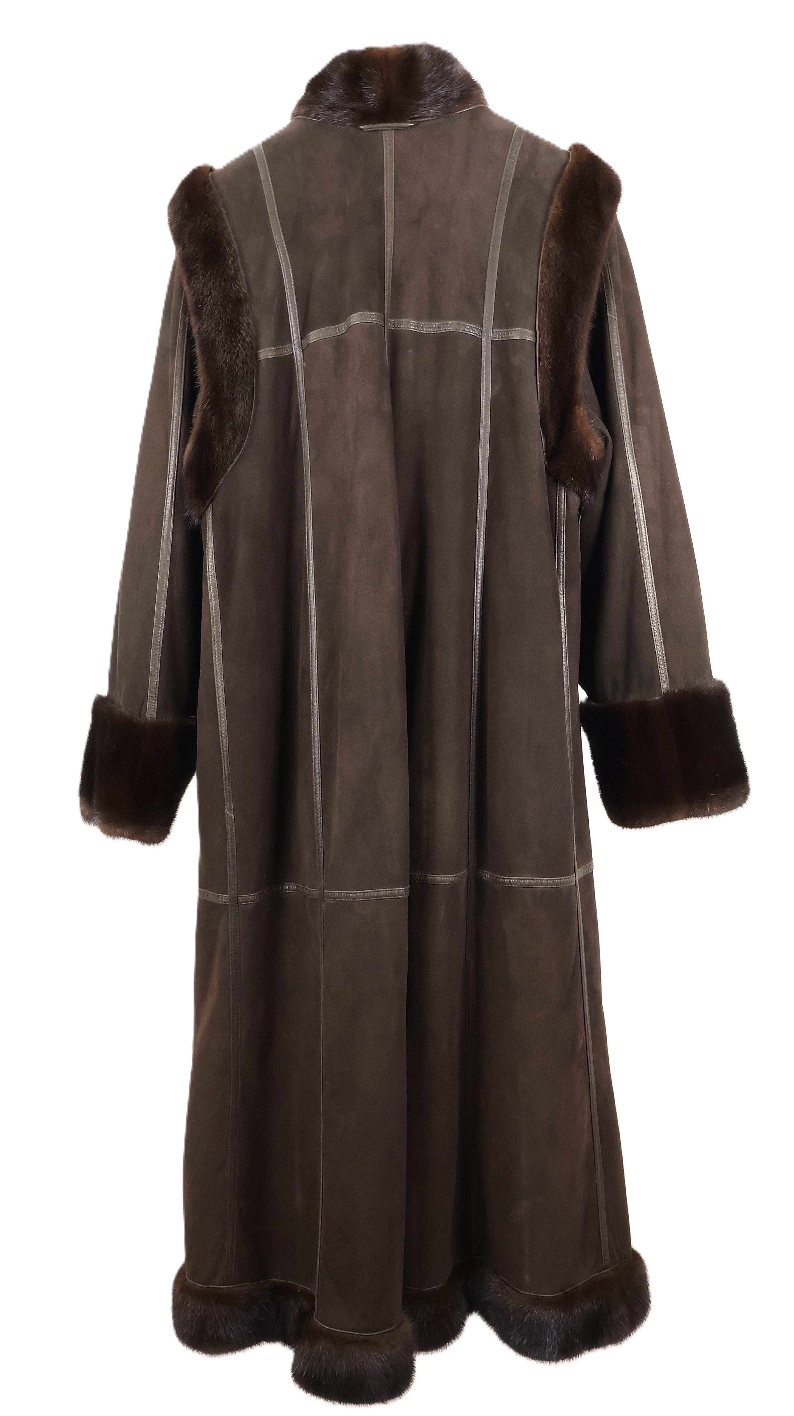 PRE-OWNED MAHOGANY MINK/ NAPA LEATHER REVERSIBLE COAT W/ WING COLLAR