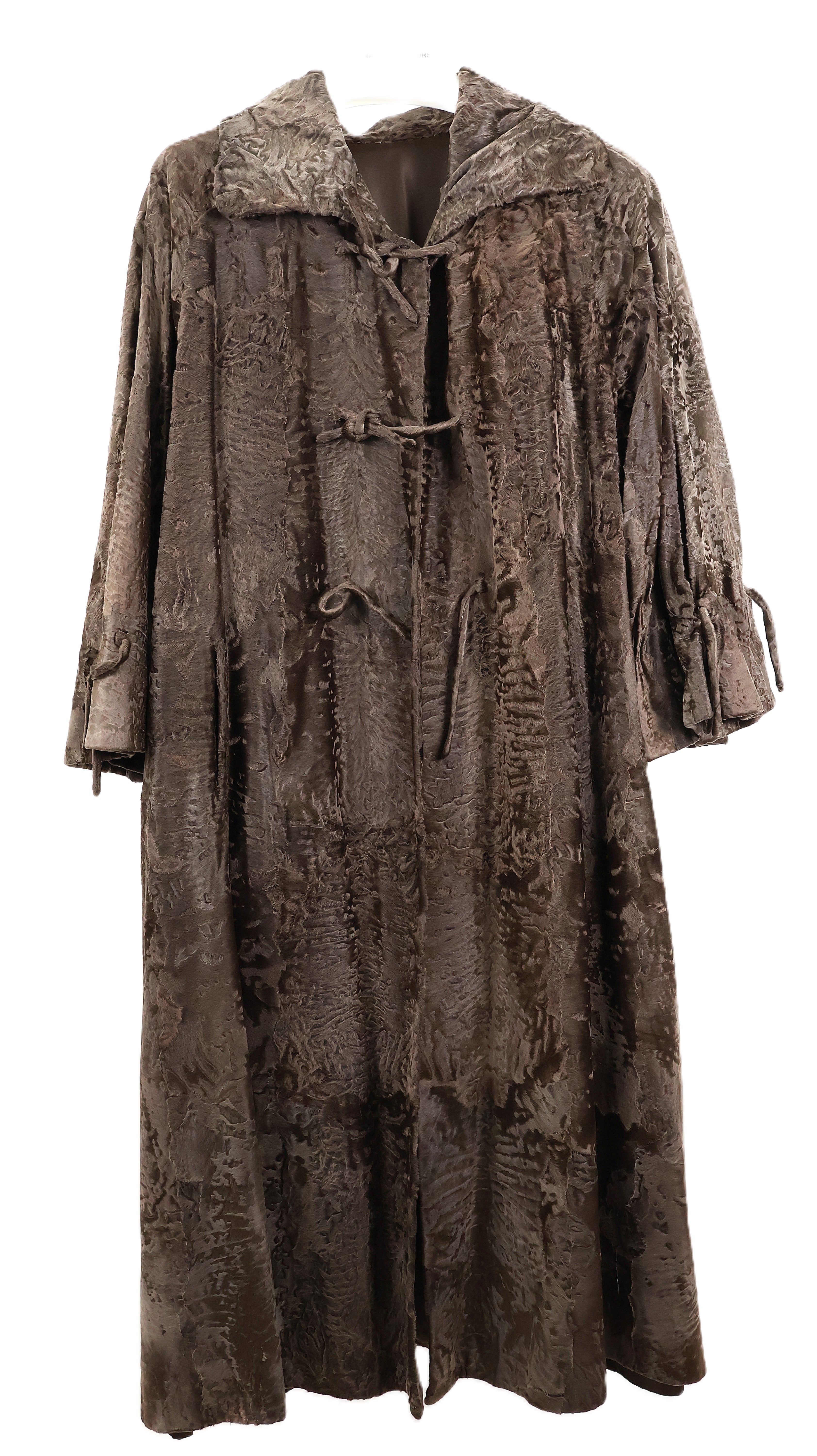 PRE-OWNED BROWN RUSSIAN BROADTAIL KIMONO STYLE COAT W/ WING COLLAR