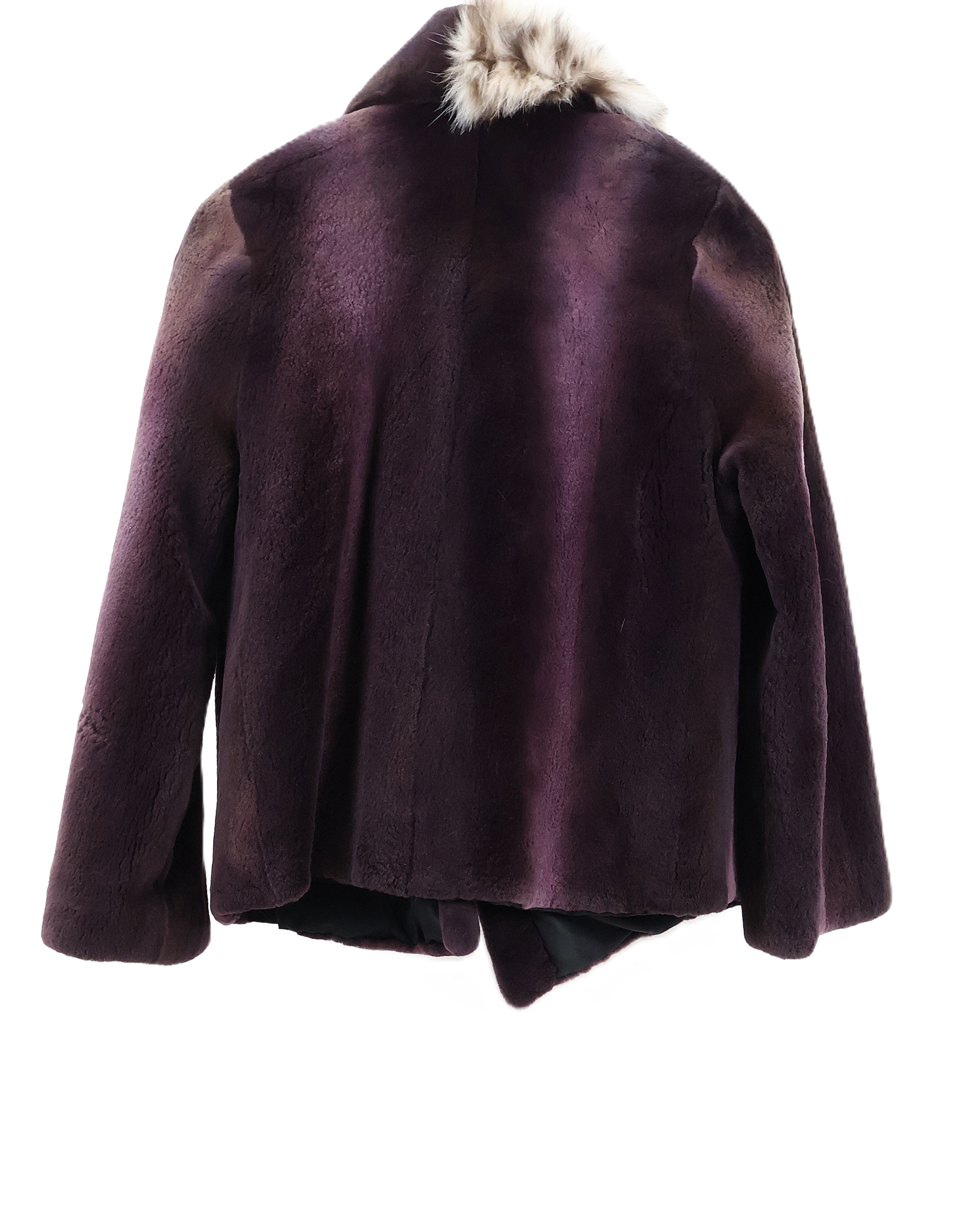 PRE-OWNED PLUM DYED SHEARED MINK JACKET W/ HALF CANADIAN LYNX NOTCH COLLAR & HALF SHEARED MINK SHAWL COLLAR
