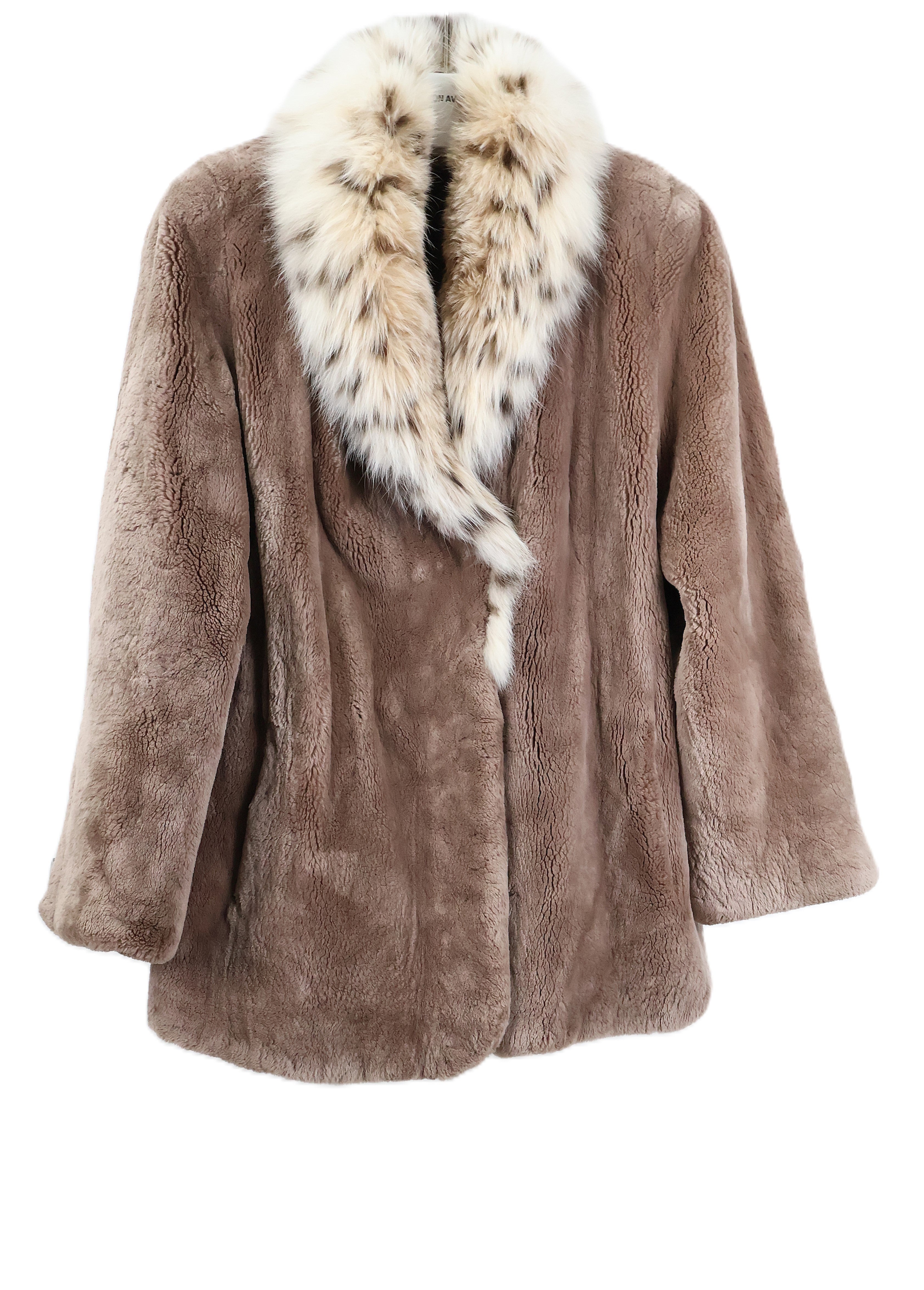 PRE-OWNED BEIGE DYED SHEARED BEAVER JACKET W/ LYNX SHAWL COLLAR & STRAIGHT SLEEVES W/ BUTTON DETAIL & INSIDE DRAWSTRING