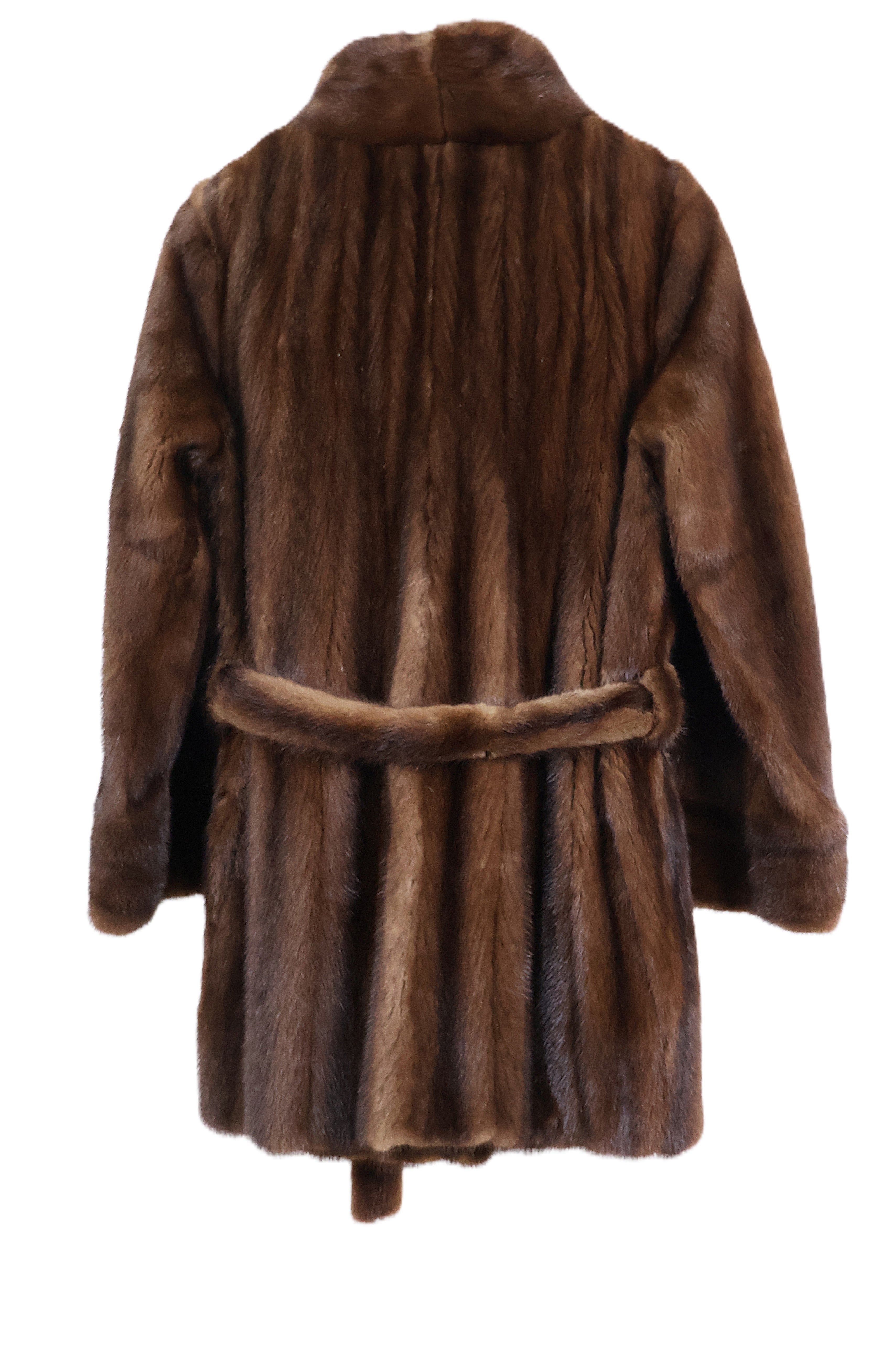 PRE-OWNED DEMI BUFF MINK STROLLER W/ WING COLLAR & WRAP BELTSTRAIGHT SLEEVE W/ HORIZONTAL BORDER