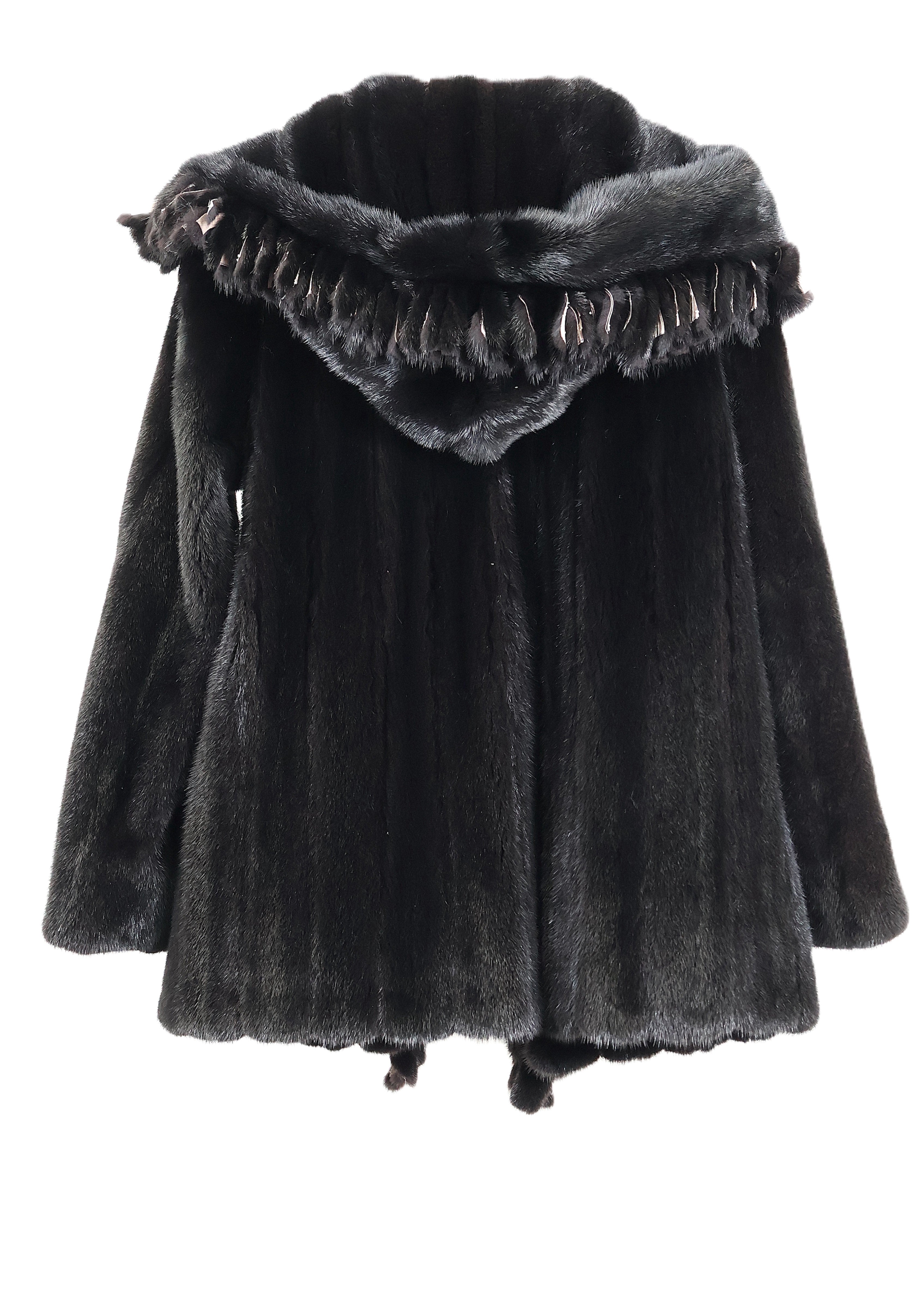 NEW RANCH MINK HOODED JACKET W/ FRINGE TRIM & STRAIGHT SLEEVES