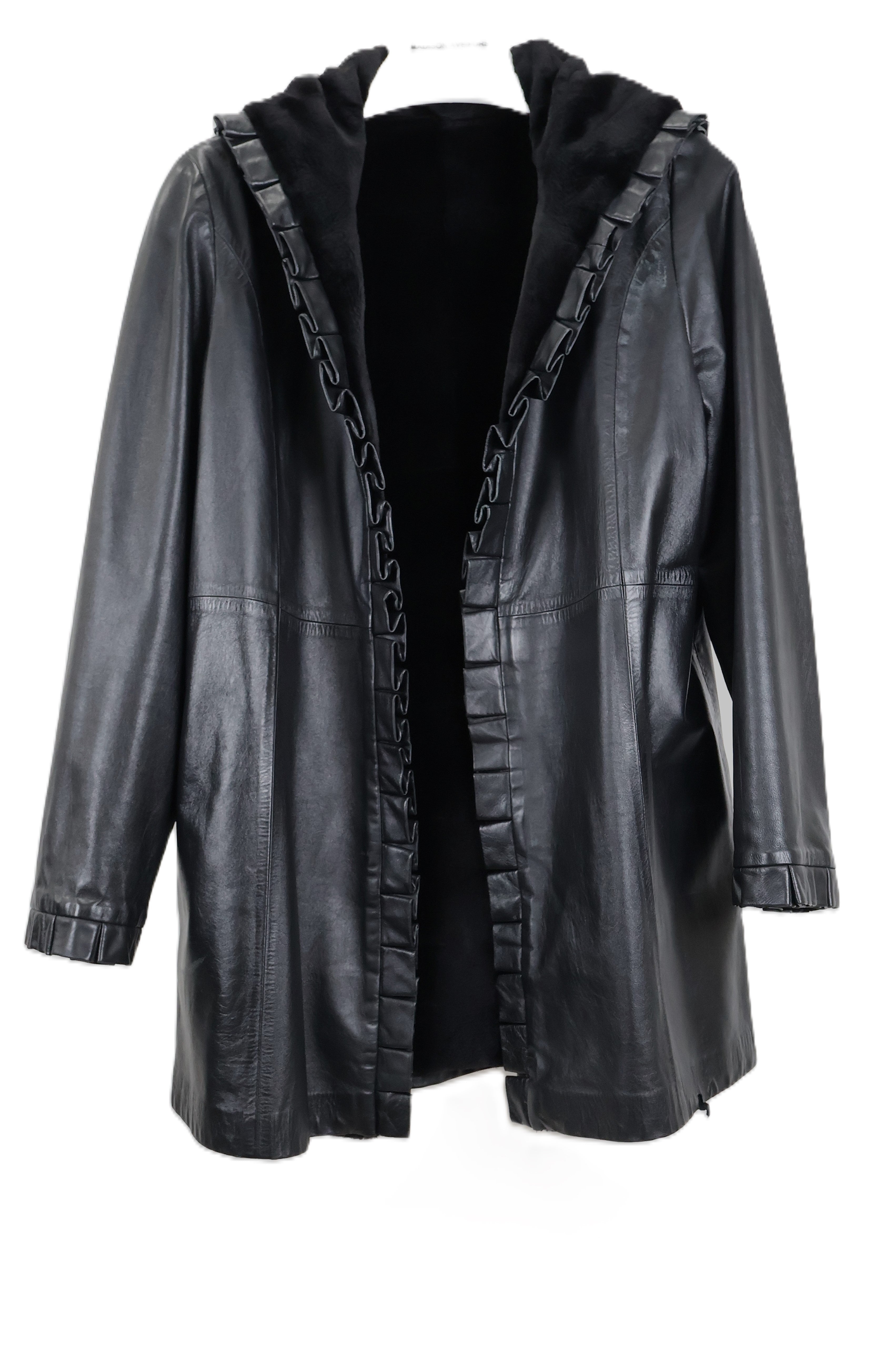 PRE-OWNED BLACK SHEARED MINK REVERSIBLE TO LEATHER HOODED STROLLER W/ STRAIGHT SLEEVES & RUFFLED EDGES