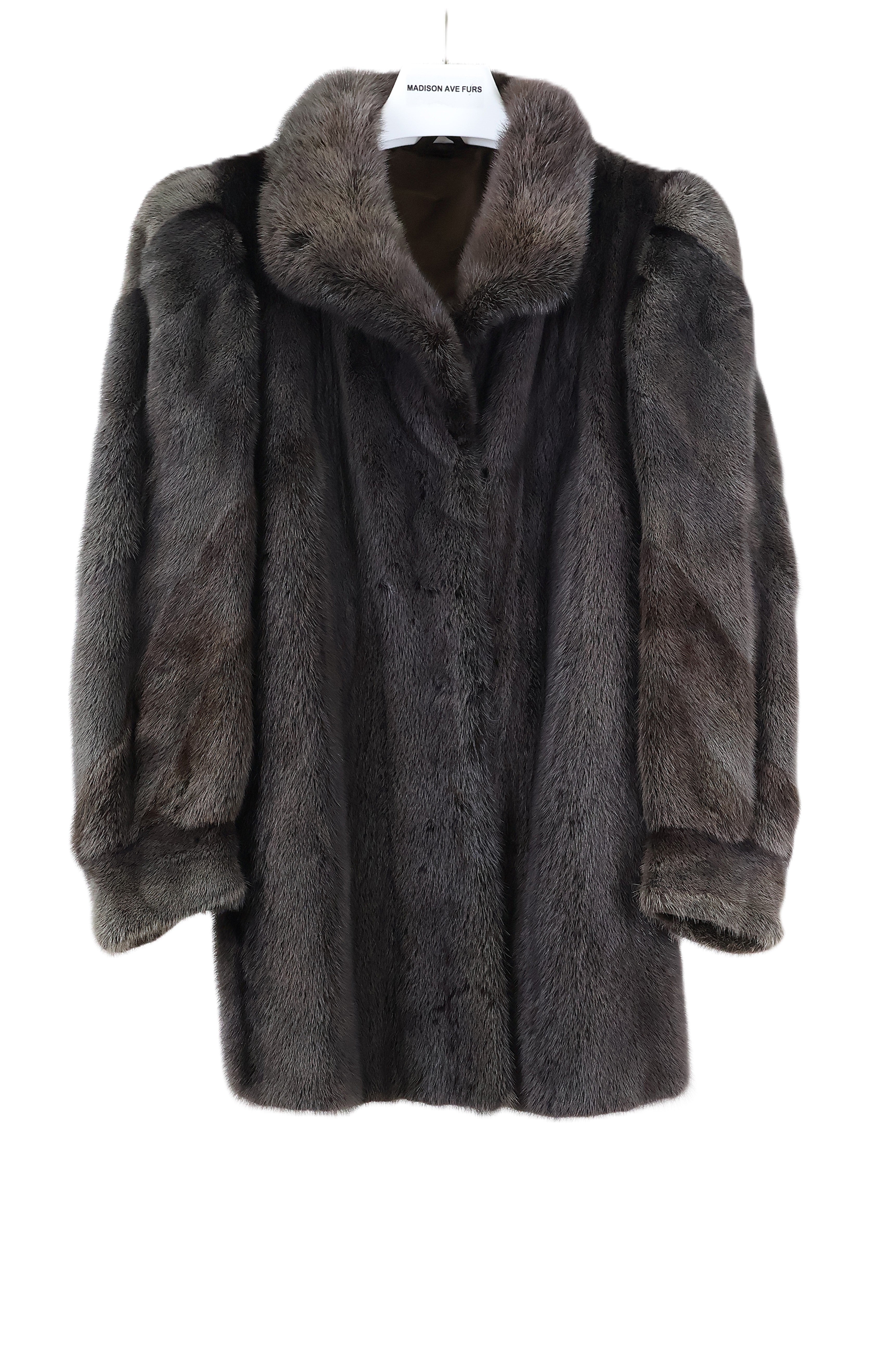 PRE-OWNED BLACK/GREY CROSS MINK STROLLER W/ WING COLLAR, DIAGONAL SLEEVES & BANDED CUFFS