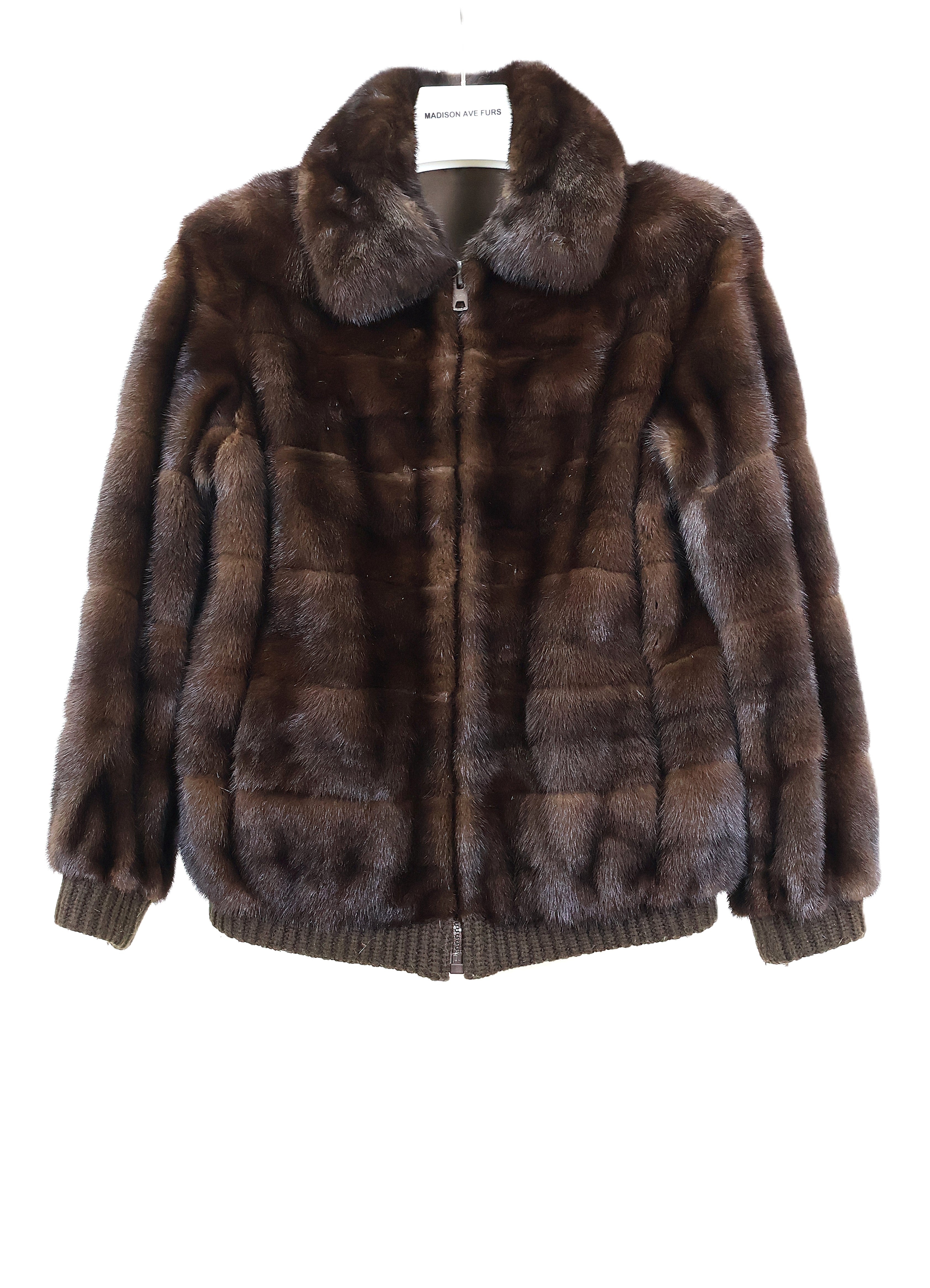 PRE-OWNED MAHOGANY HORIZONTAL MINK REVERSIBLE TO RAINWEAR BOMBER JACKET W/ WING COLLAR & KNIT CUFFS & HEM
