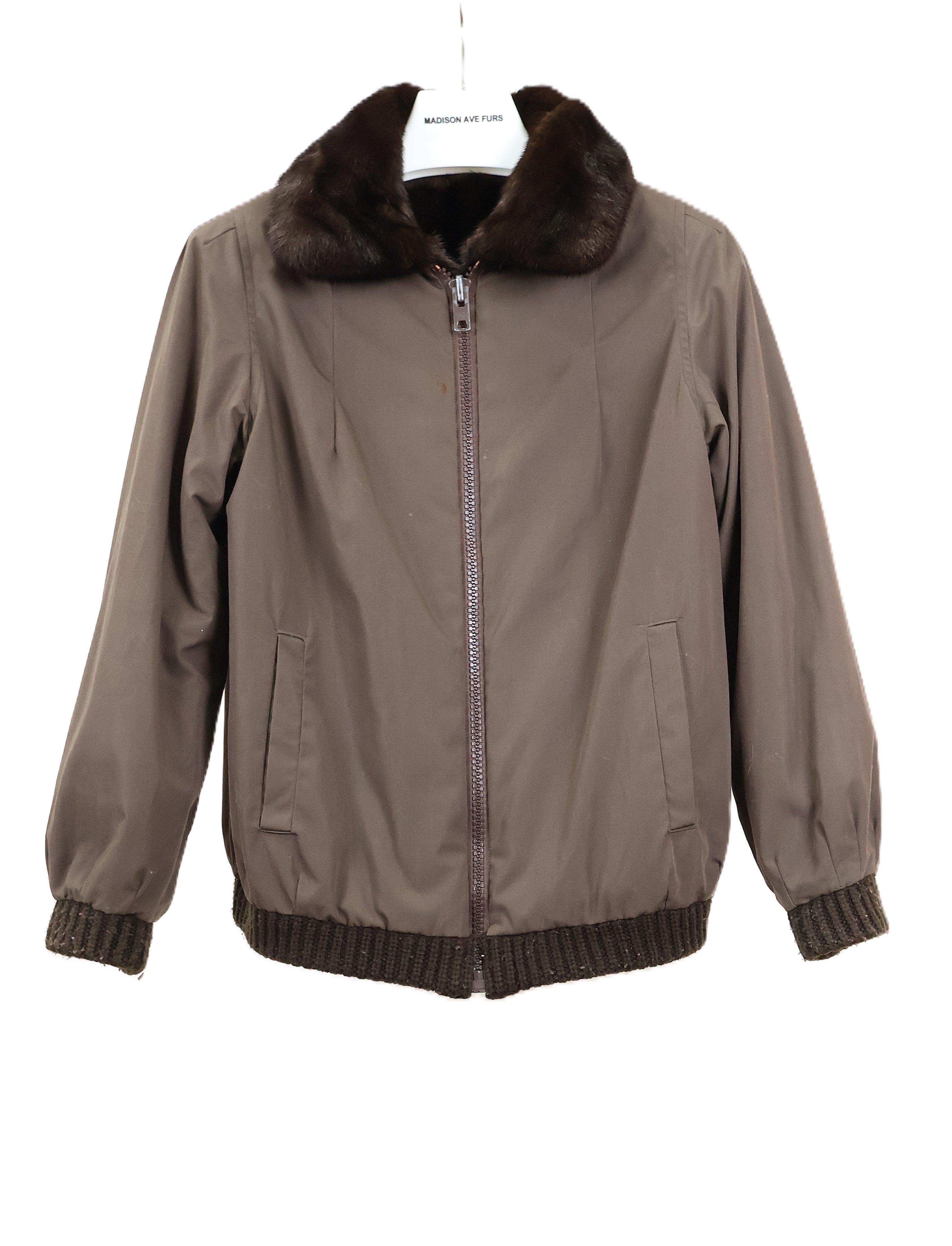 PRE-OWNED MAHOGANY HORIZONTAL MINK REVERSIBLE TO RAINWEAR BOMBER JACKET W/ WING COLLAR & KNIT CUFFS & HEM