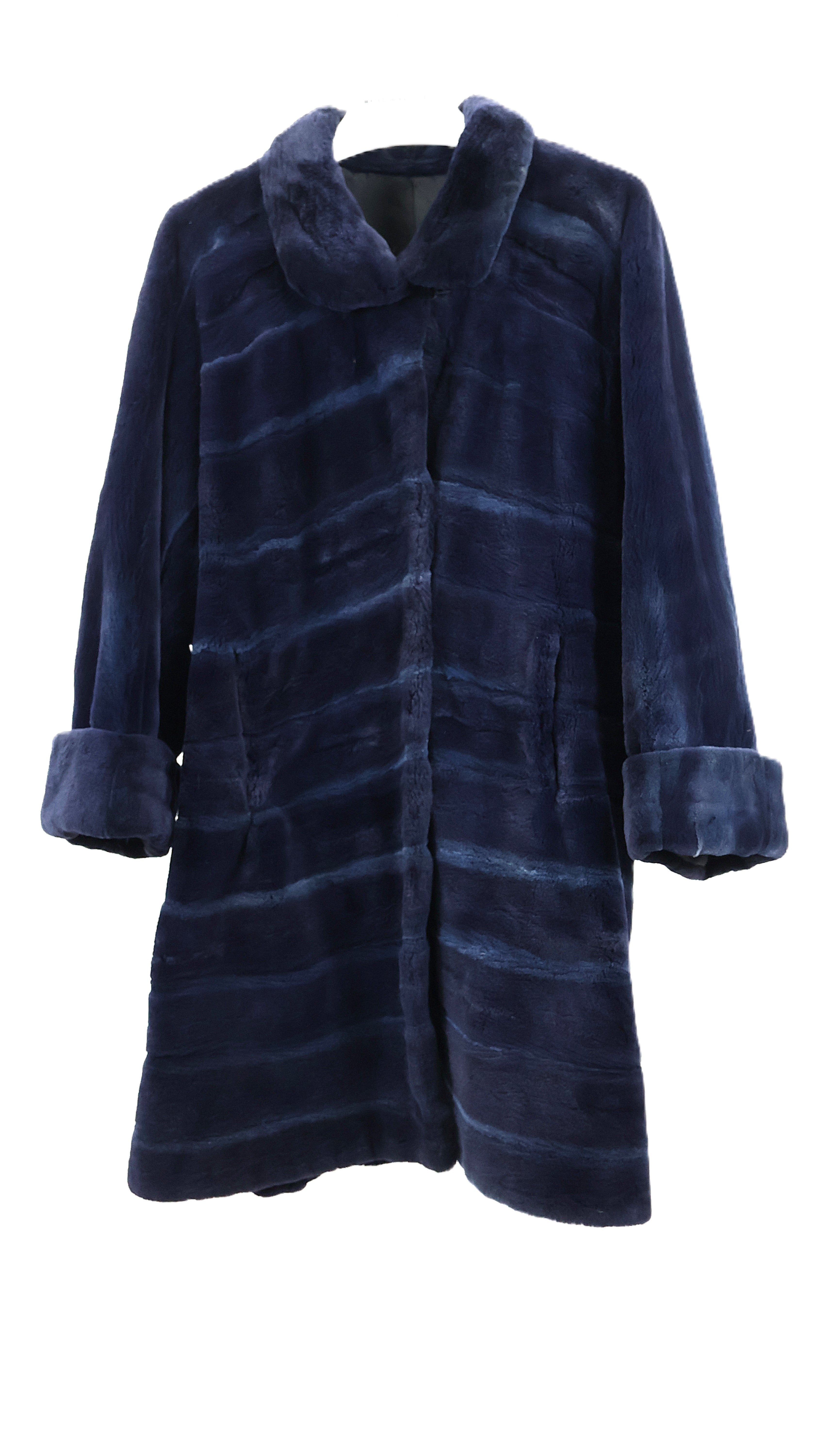 PRE-OWNED NAVY BLUE DYED SHEARED MINK CHEVRON DESIGN 3/4 SWING W/ WING COLLAR & TURNBACK CUFFS
