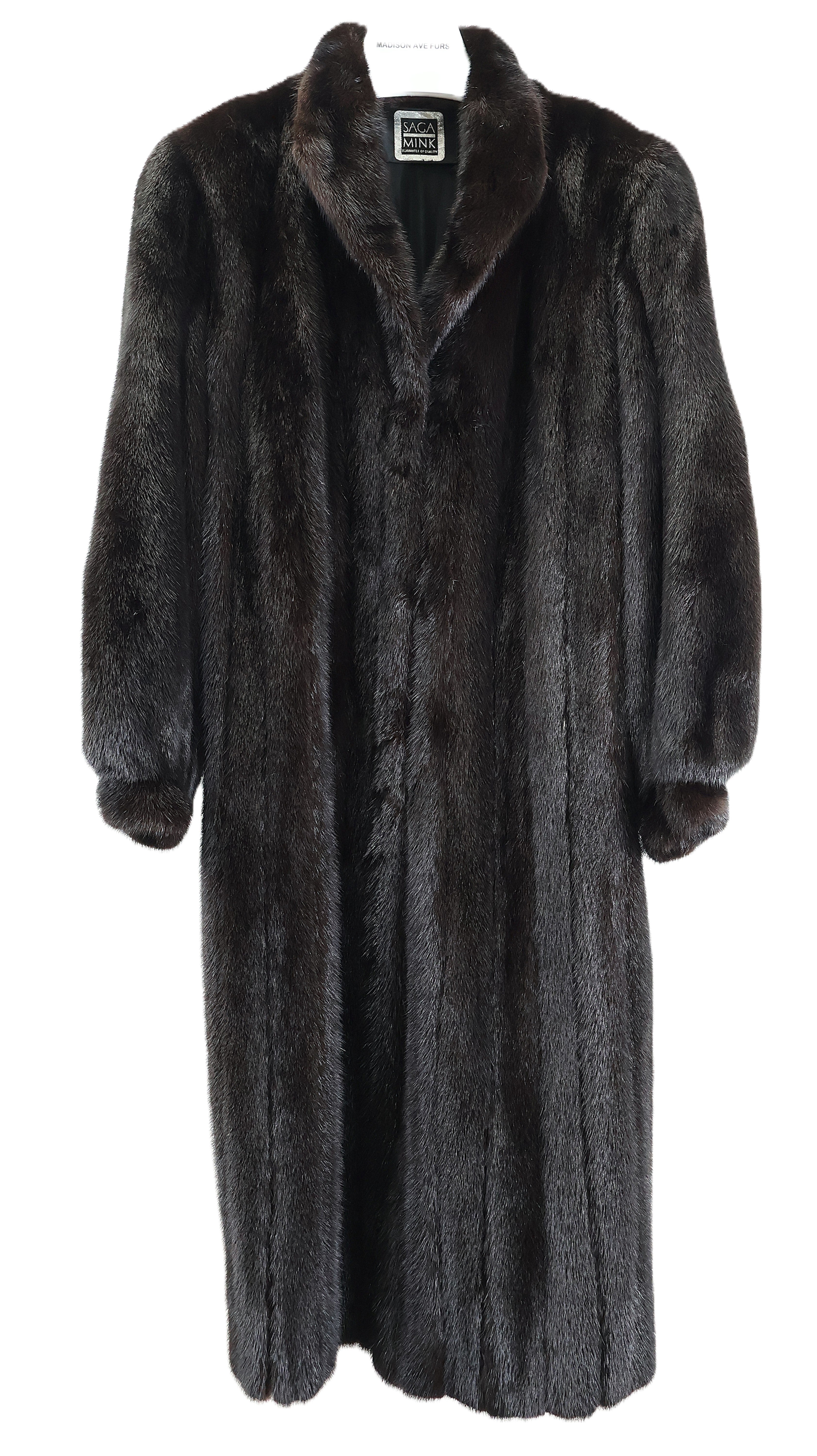 PRE-OWNED BLACK DYED SAGA MINK COAT W/ WING COLLAR & BANDED CUFFS