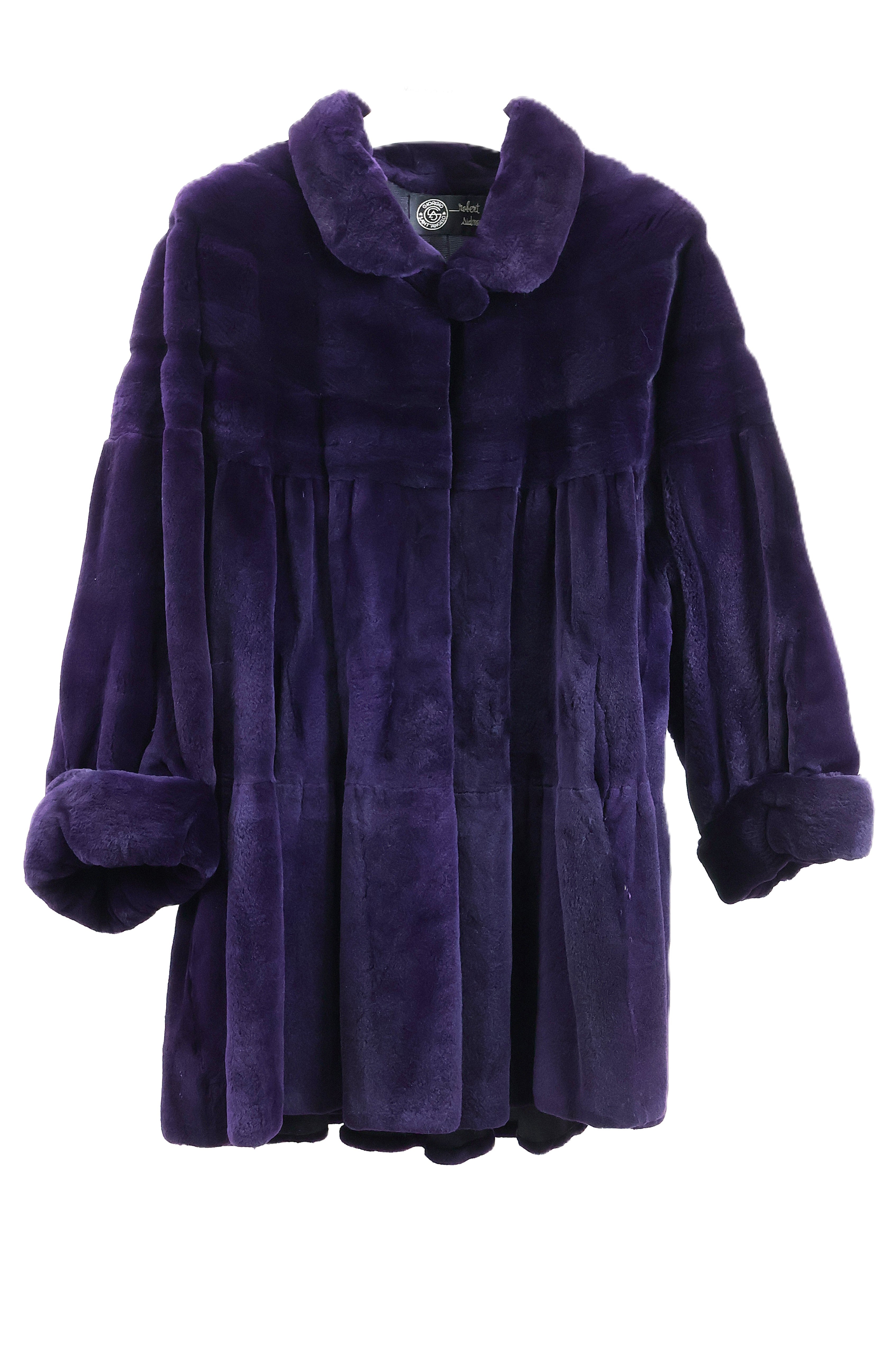 PRE-OWNED PURPLE DYED SHEARED MINK TIERED SWING STROLLER W/ WING COLLAR & TURN BACK CUFFS