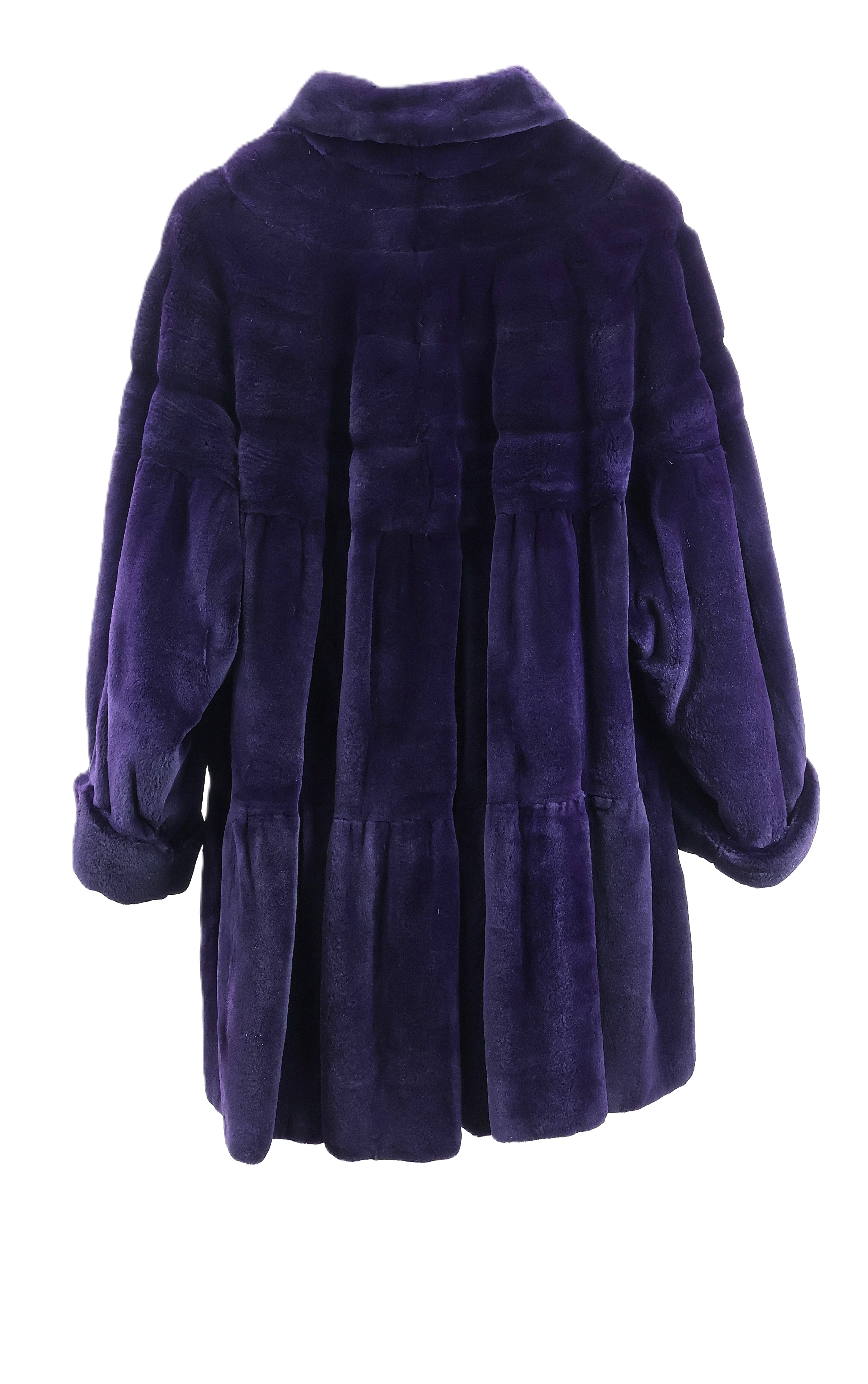 PRE-OWNED PURPLE DYED SHEARED MINK TIERED SWING STROLLER W/ WING COLLAR & TURN BACK CUFFS