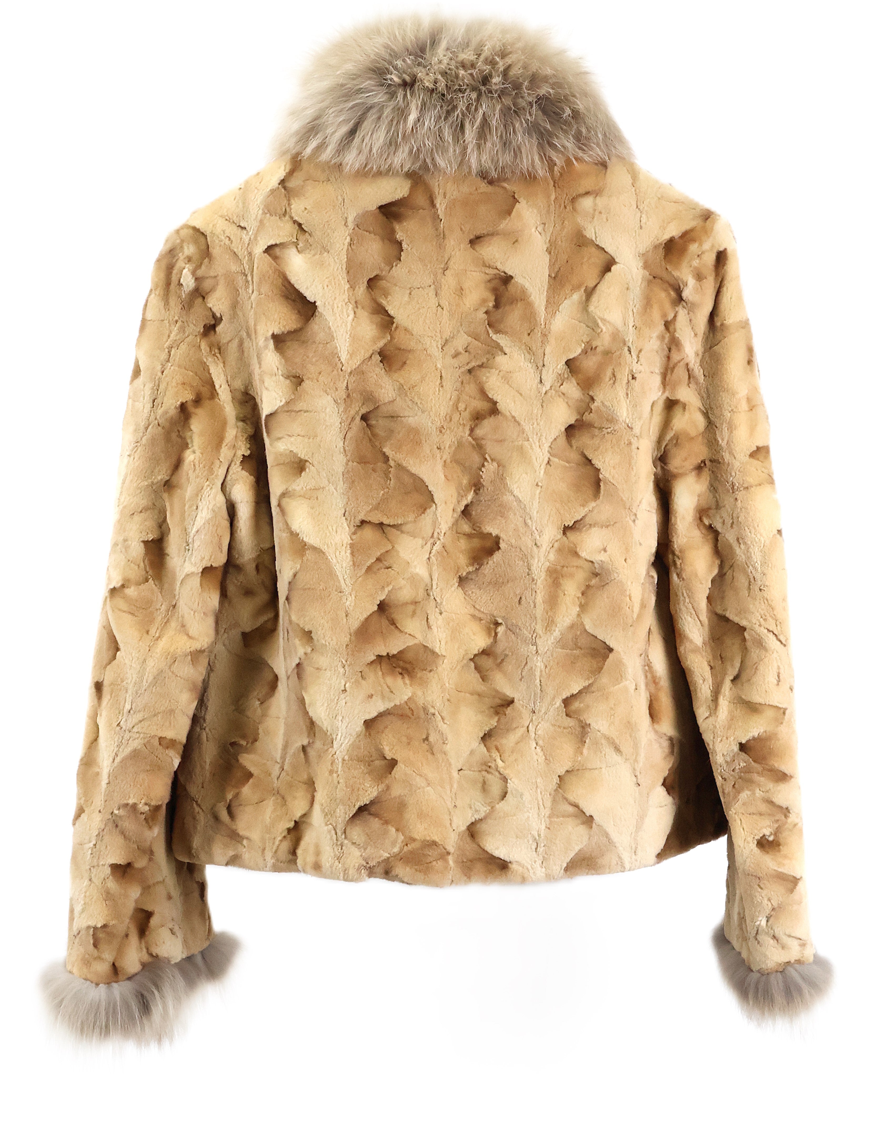 PRE-OWNED BLEACHED SHEARED MINK SECTION JACKET W/ FOX STAND COLLAR & CUFFS