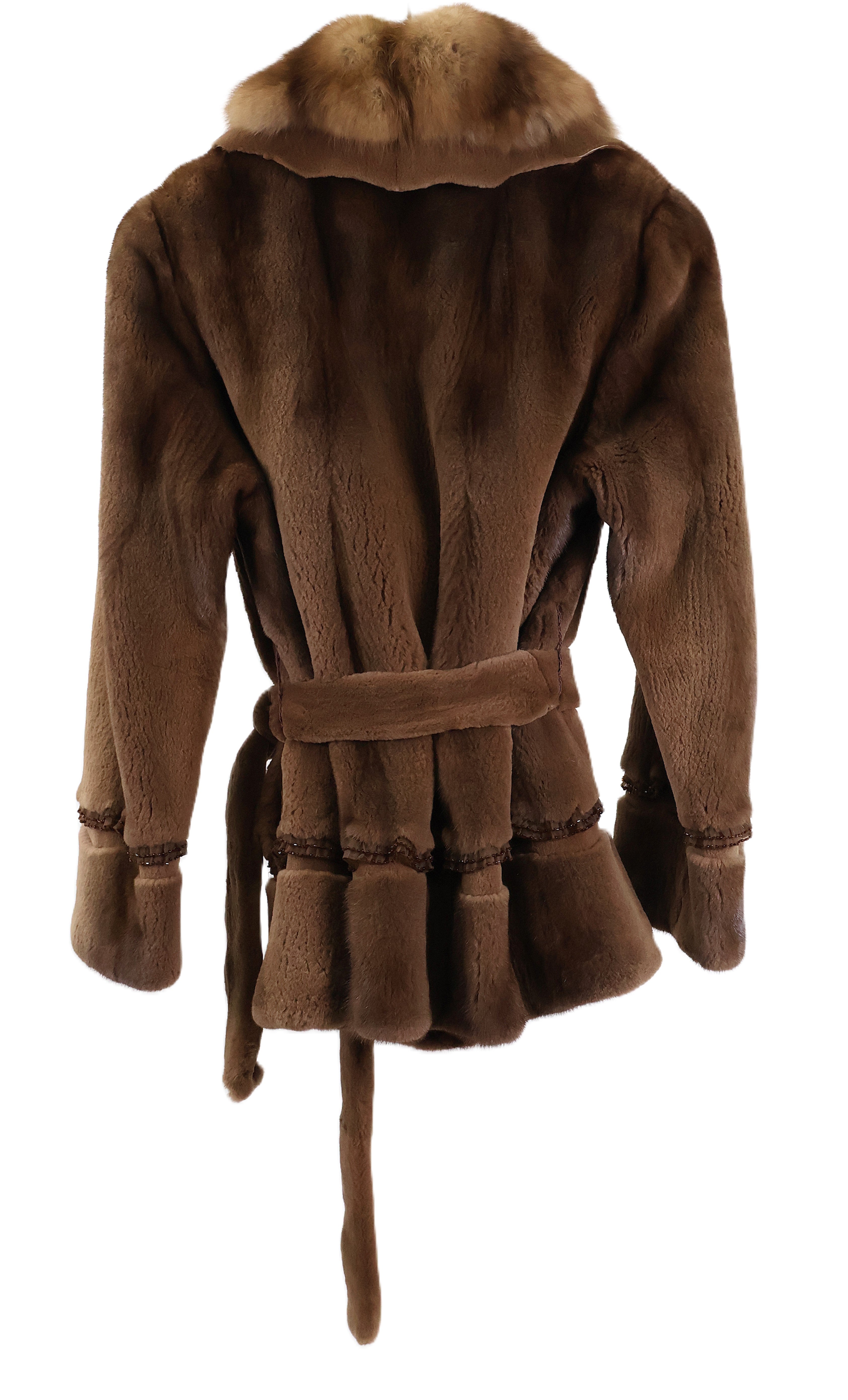 PRE-OWNED LIGHT BROWN SHEARED MINK JACKET W/ SABLE COLLAR, BEADED DETAIL, WRAP BELT & RAW EDGE HEM & COLLAR
