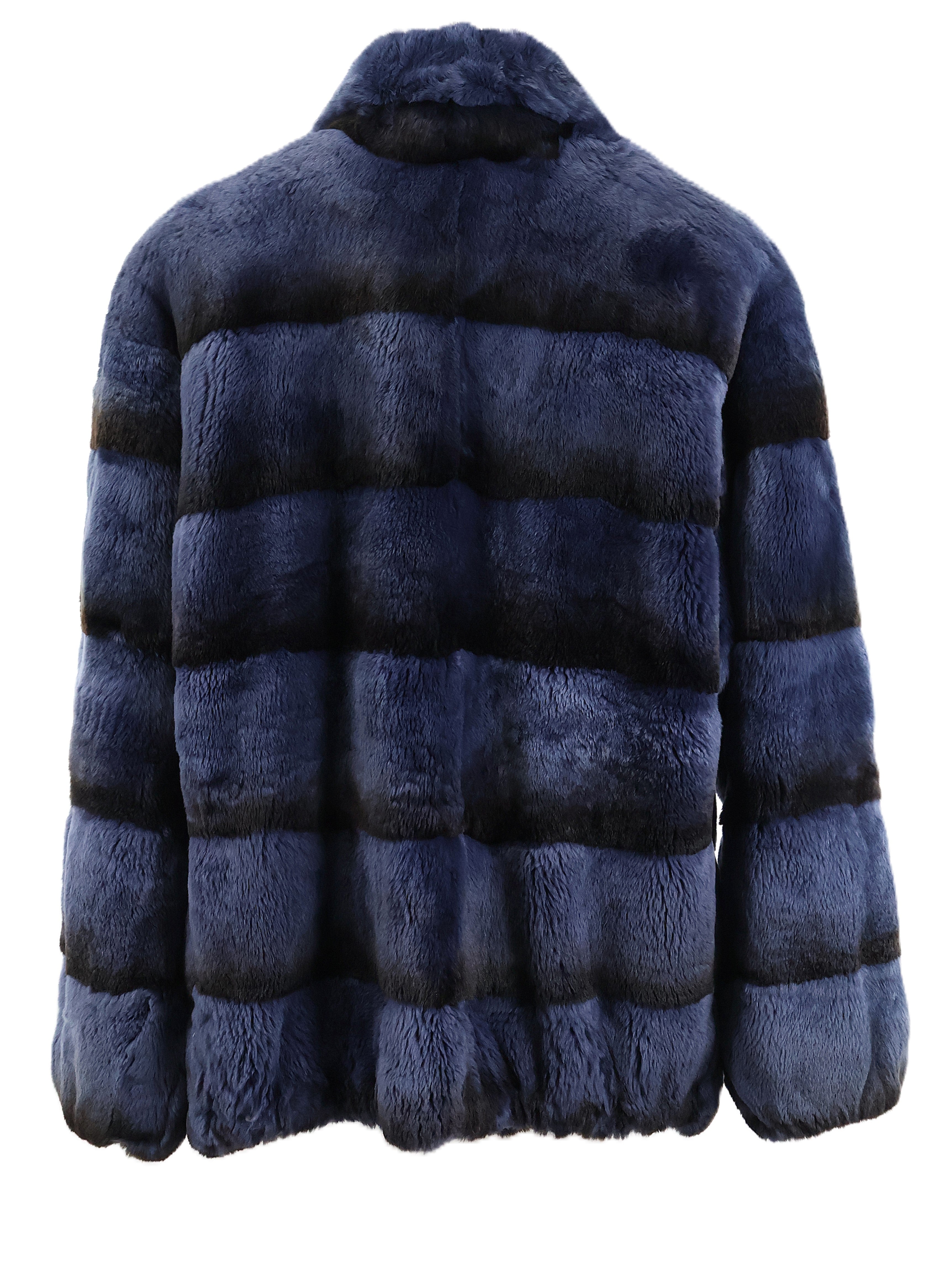 PRE-OWNED BLUE DYED HORIZONTAL REX BOMBER JACKET W/ WING COLLAR & ELASTIC SLEEVE FINISH