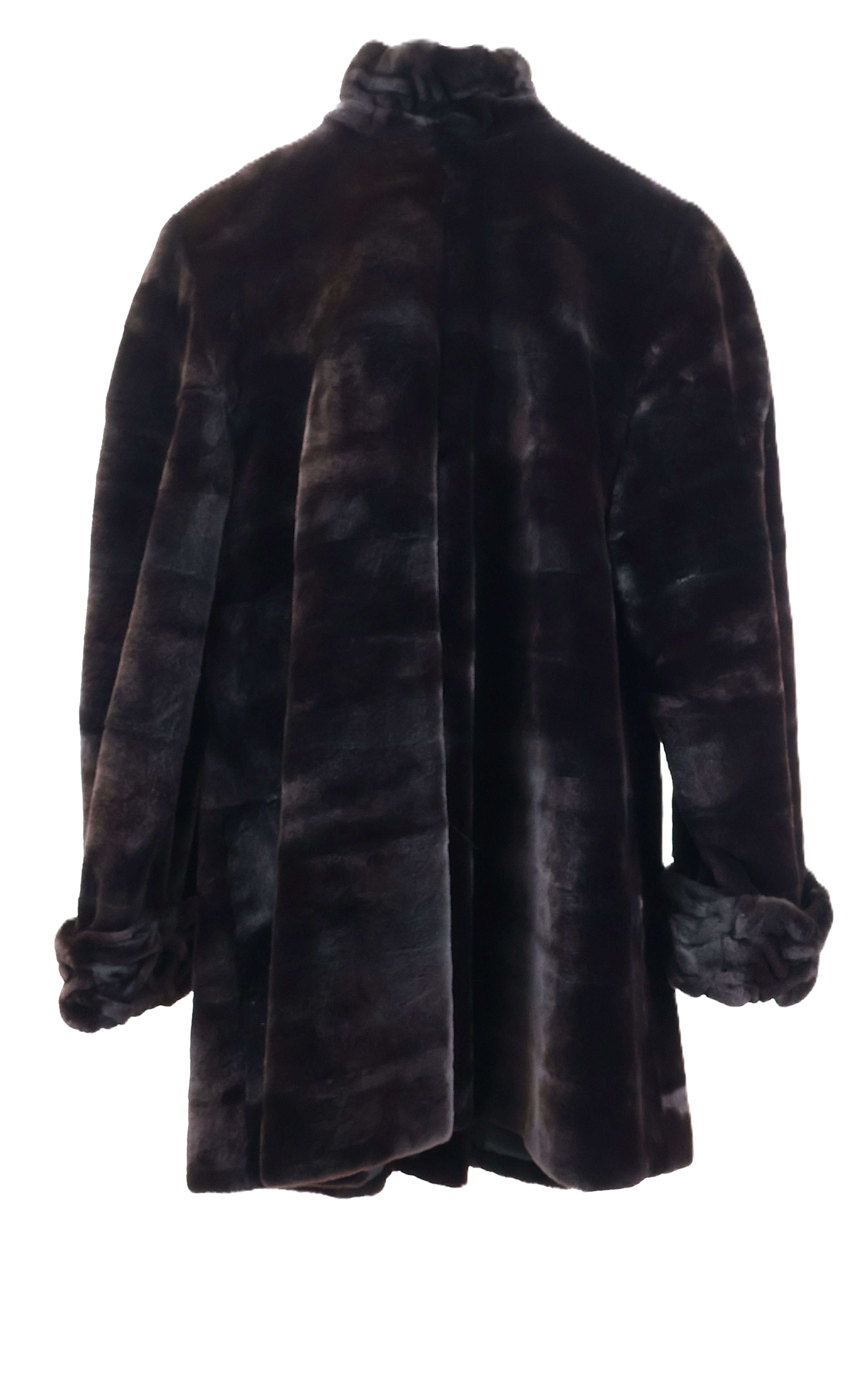 PRE-OWNED BROWN/BLACK DYED SHEARED MINK JACKET W/ ETCHED STAND COLLAR & TURN BACK CUFFS