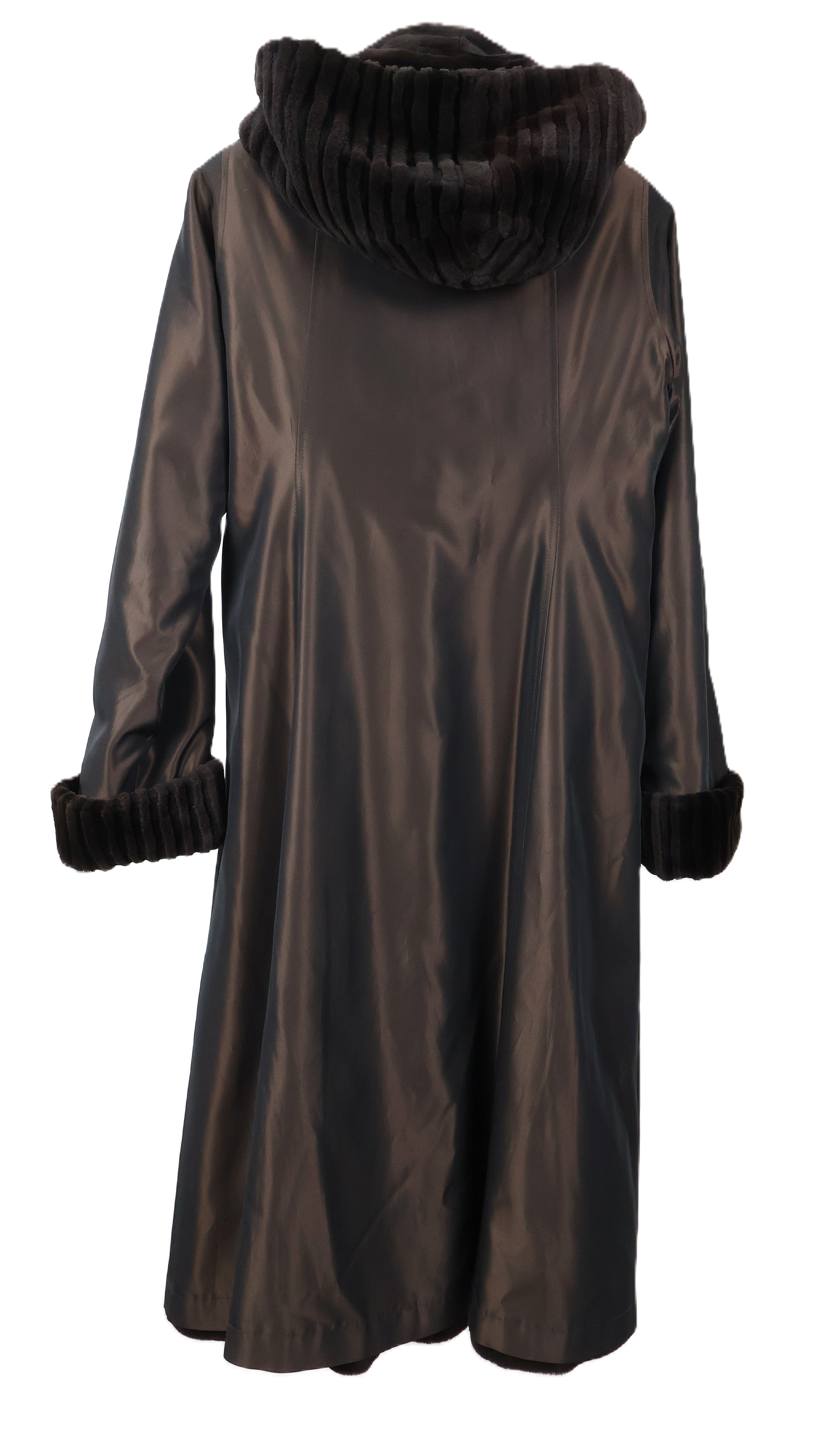 PRE-OWNED BROWN DYED SHEARED MINK HOODED COAT REVERSIBLE TO TAFFETA W/ LASER GROOVED HOOD & TURN BACK CUFFS