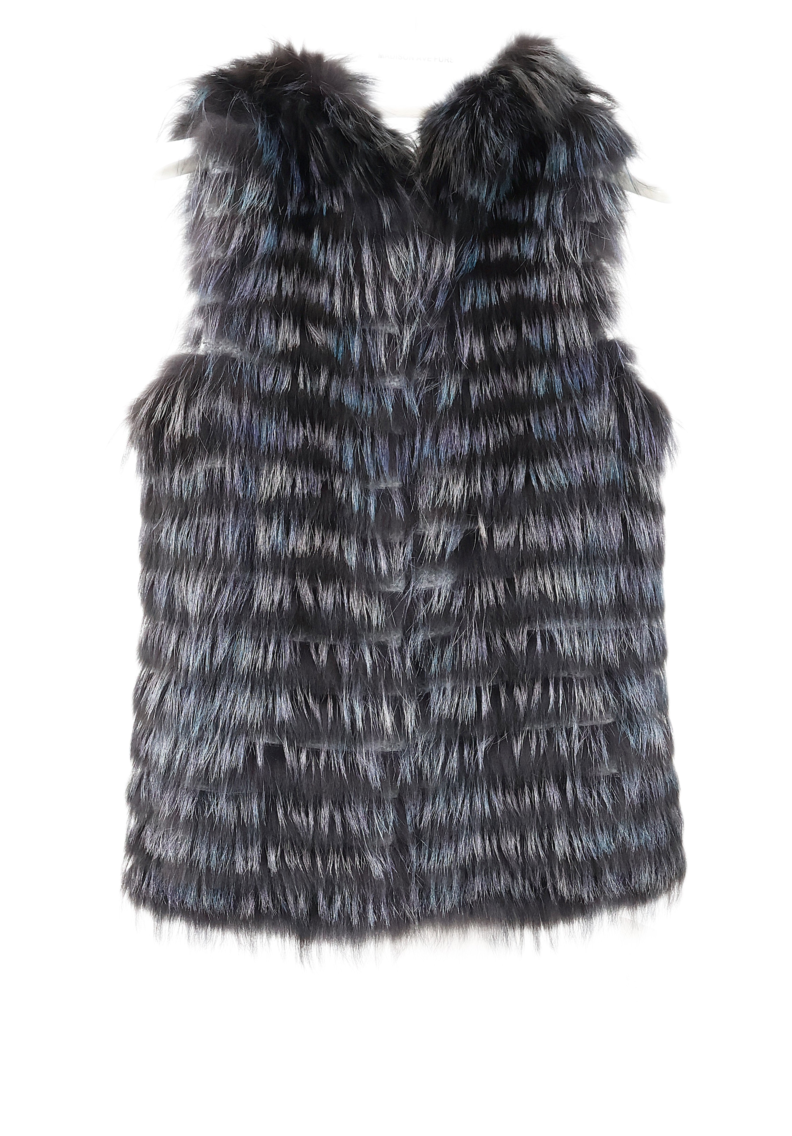 NEW KNITTED & FEATHERED INDIGO DYED SILVER FOX REVERSIBLE TO WOOL HOODED VEST
