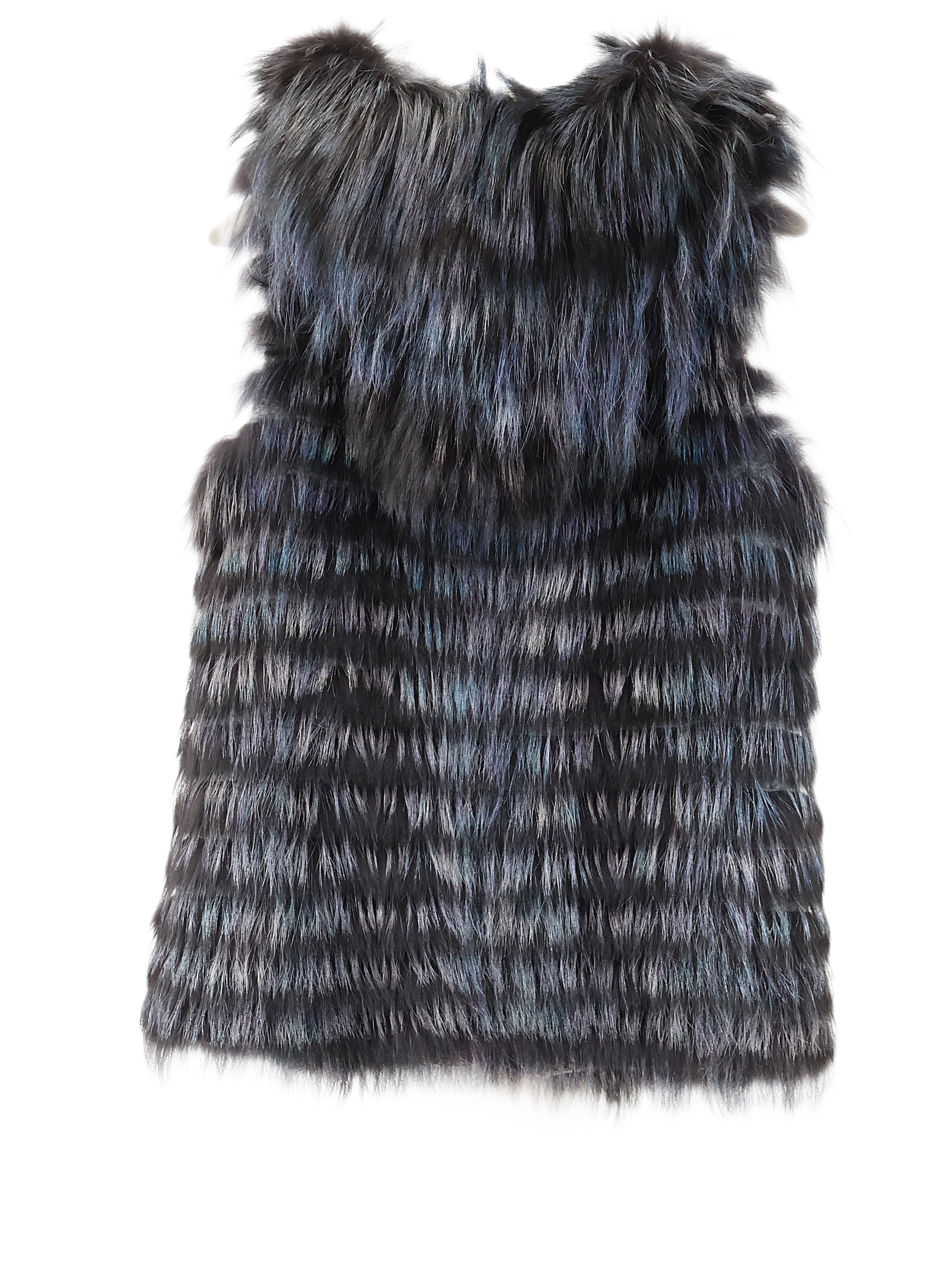 NEW KNITTED & FEATHERED INDIGO DYED SILVER FOX REVERSIBLE TO WOOL HOODED VEST