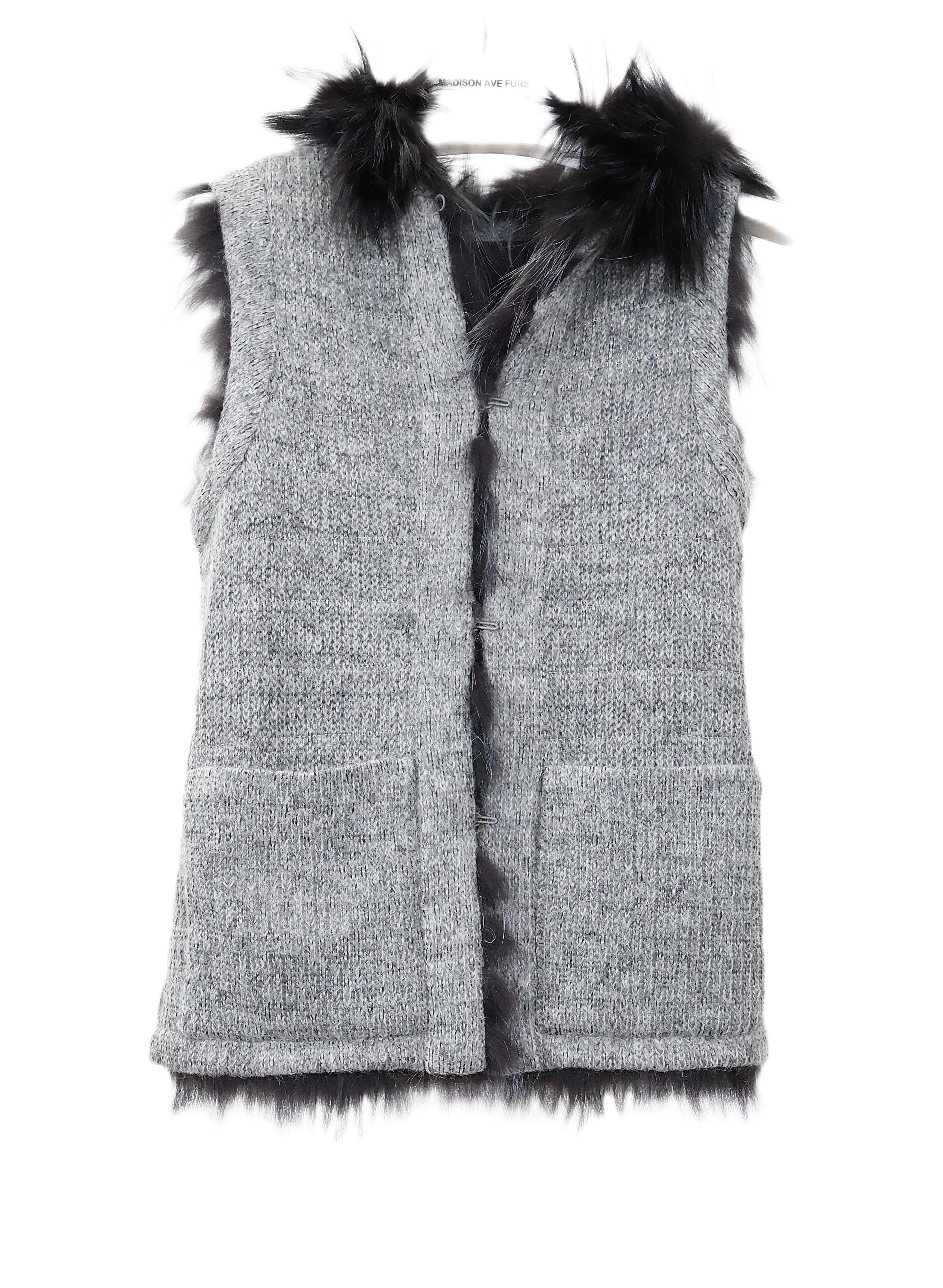 NEW KNITTED & FEATHERED INDIGO DYED SILVER FOX REVERSIBLE TO WOOL HOODED VEST