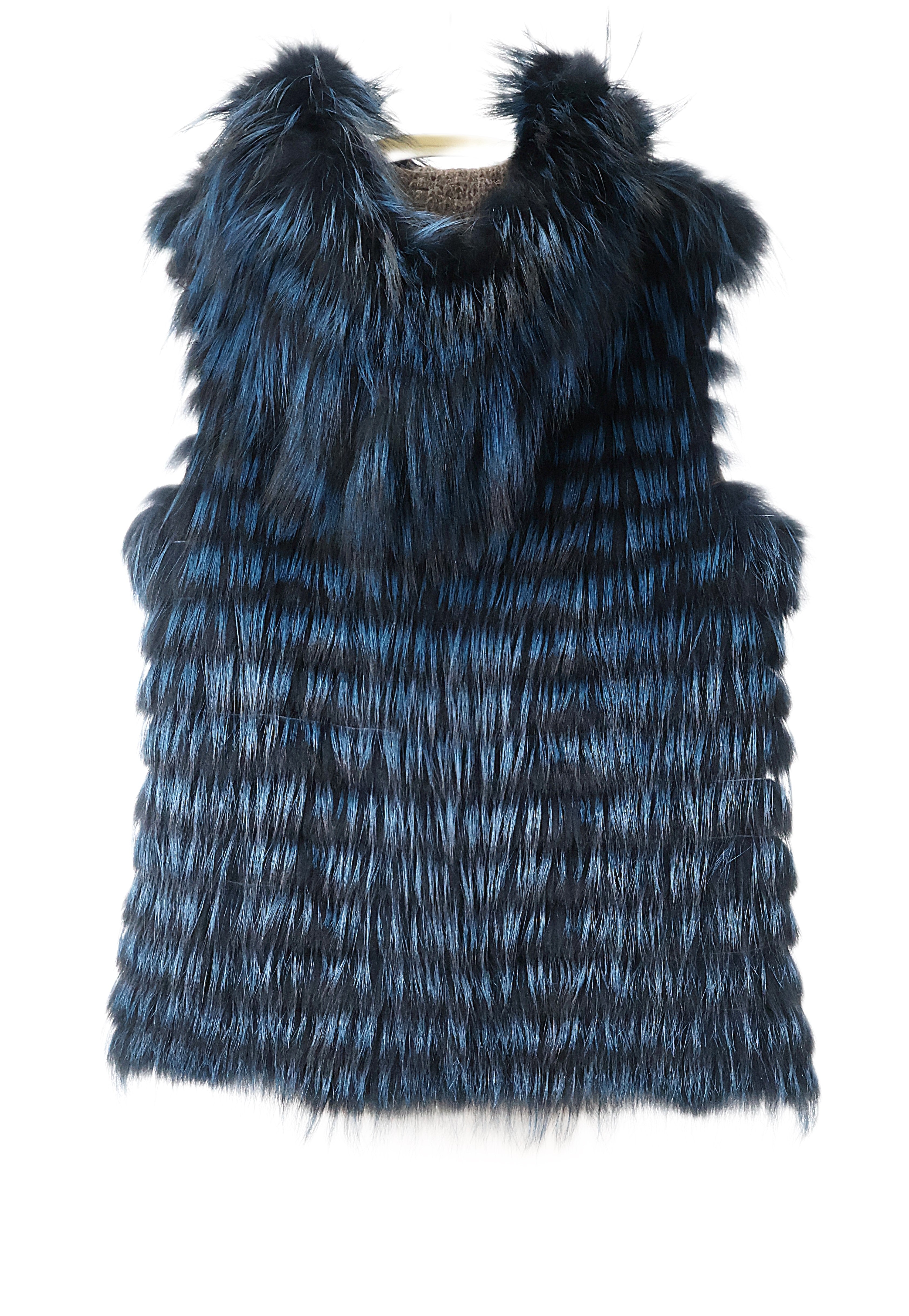 NEW KNITTED & FEATHERED BLUE/BLACK DYED SILVER FOX REVERSIBLE TO WOOL HOODED VEST