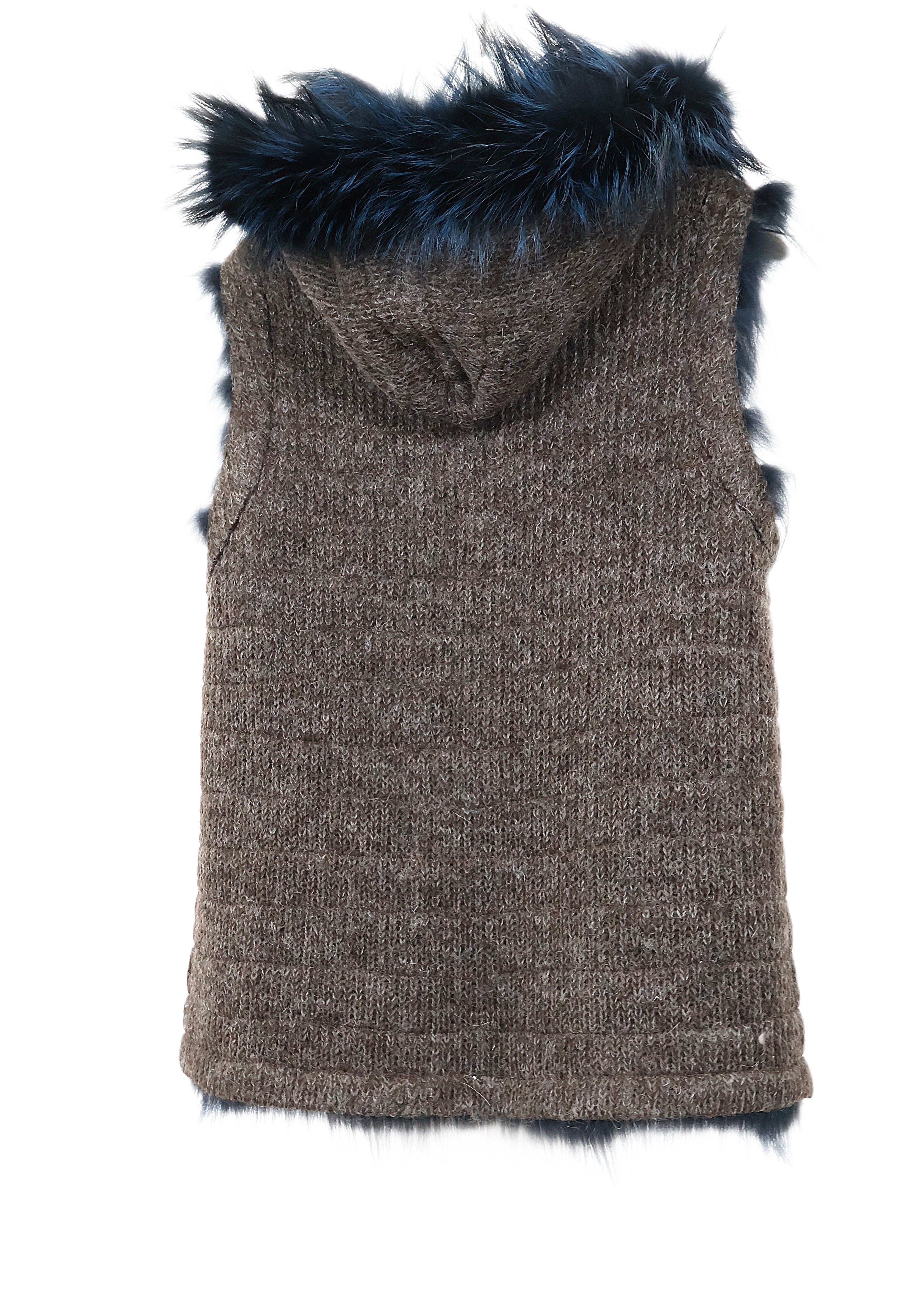 NEW KNITTED & FEATHERED BLUE/BLACK DYED SILVER FOX REVERSIBLE TO WOOL HOODED VEST