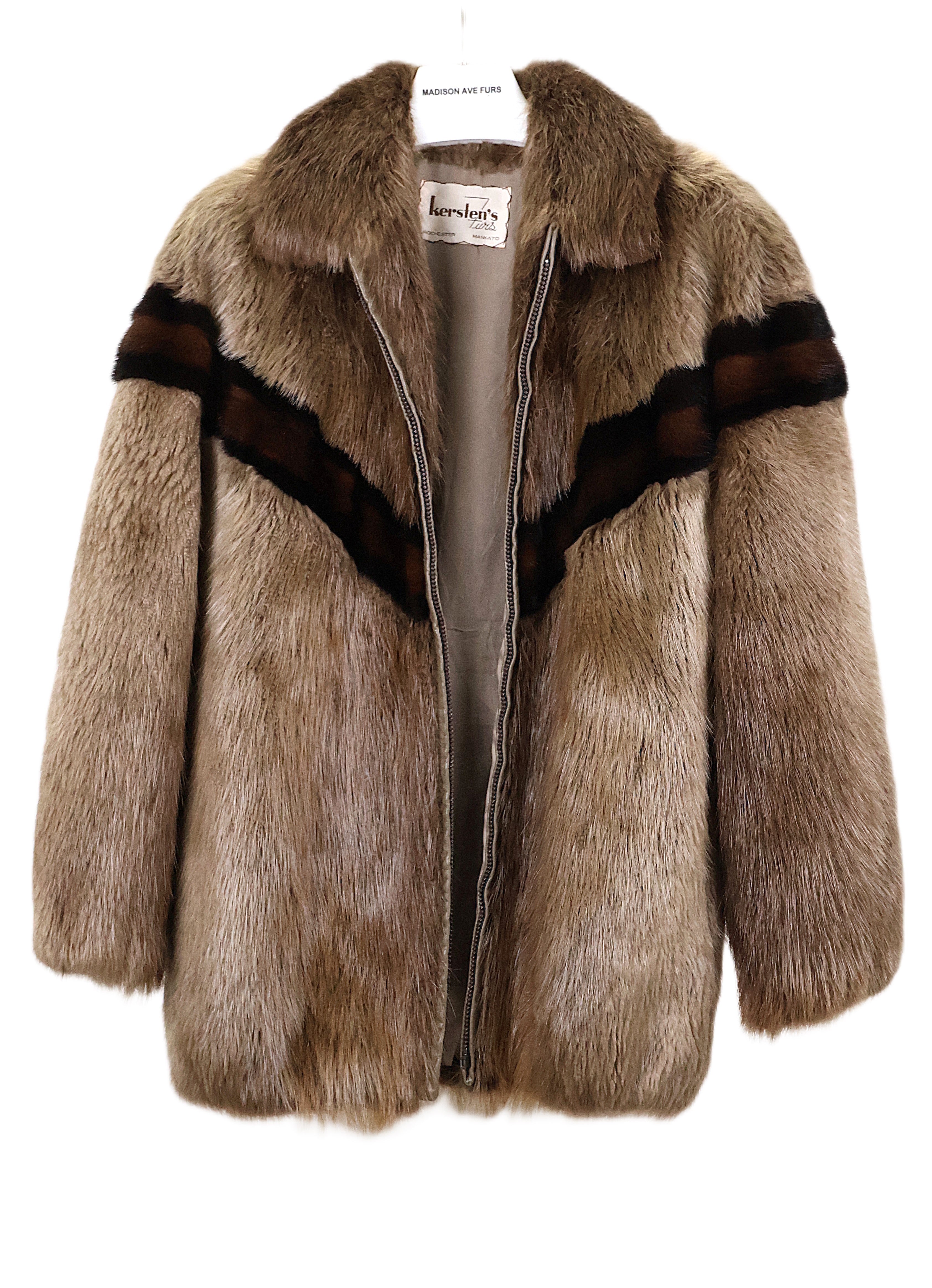PRE-OWNED BLONDE BEAVER BOMBER JACKET W/ MINK INSERTS & WING COLLAR