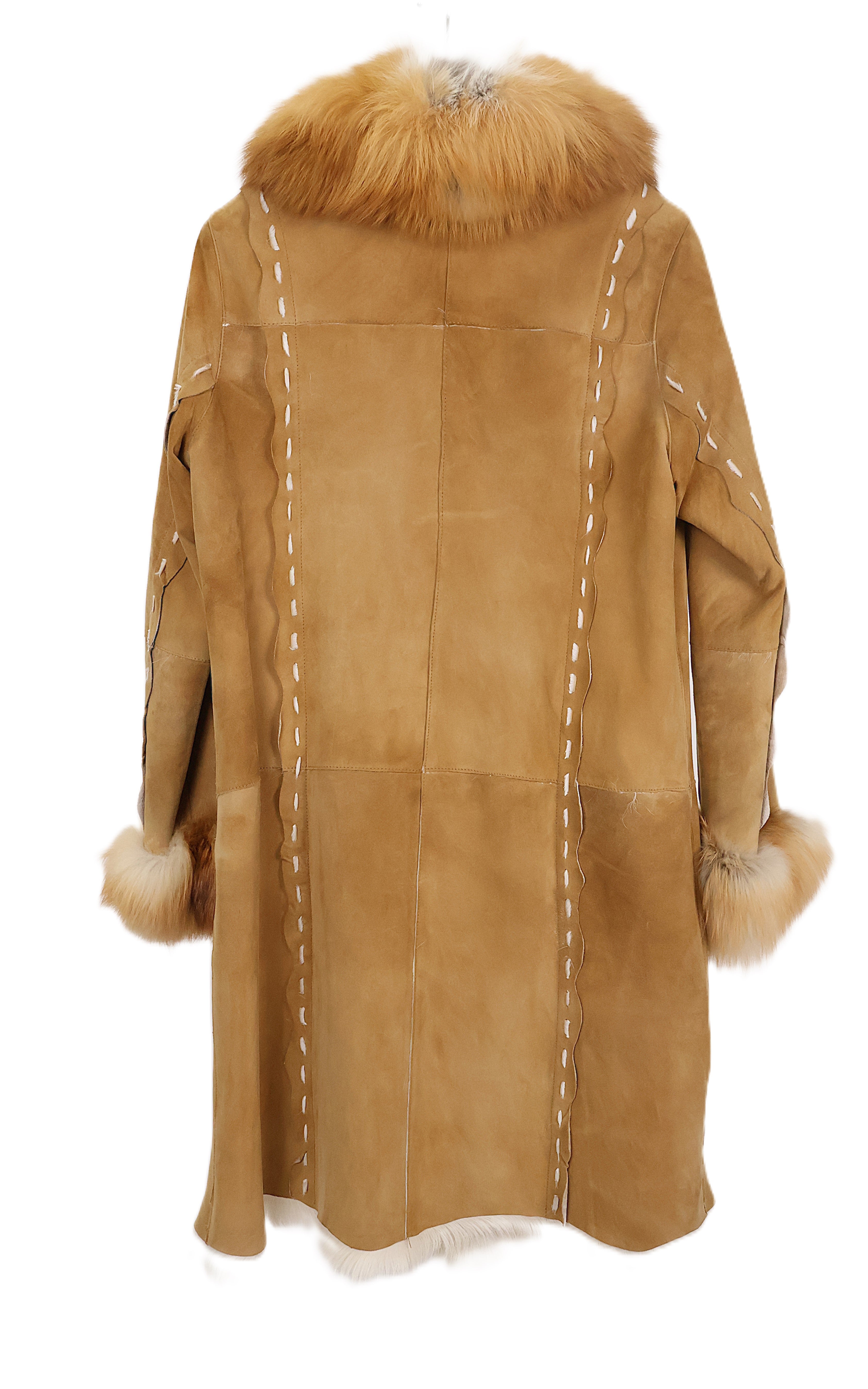 PRE-OWNED CAMEL SHEARLING 7/8 COAT W/ RED FOX SHAWL COLLAR & CUFFS & EXPOSED STITCHING & SCALLOP HEM