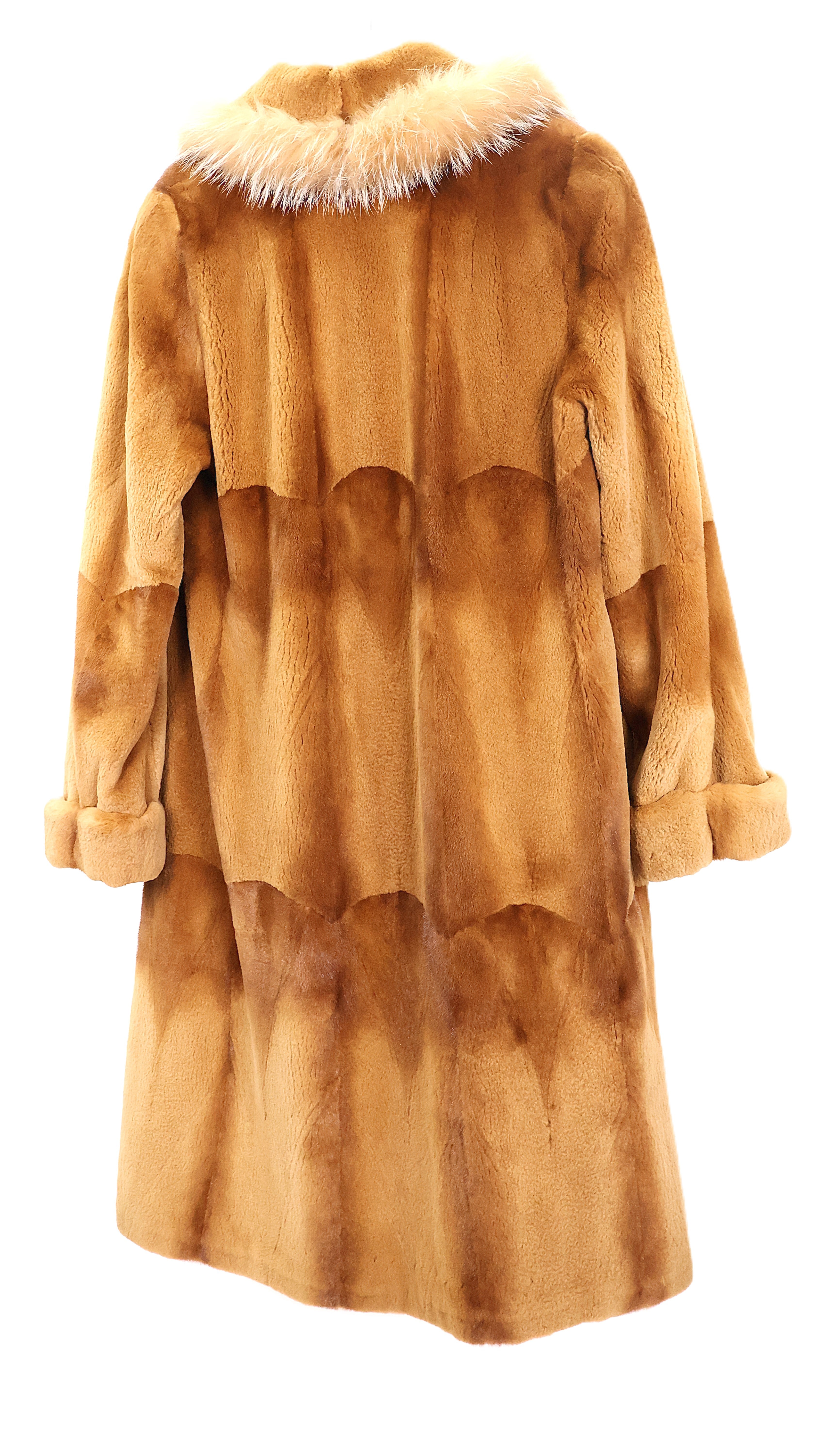 PRE-OWNED GOLD DYED SHEARED MINK TIERED COAT W/ TURN BACK CUFFS & FOX TRIMMED NOTCH COLLAR