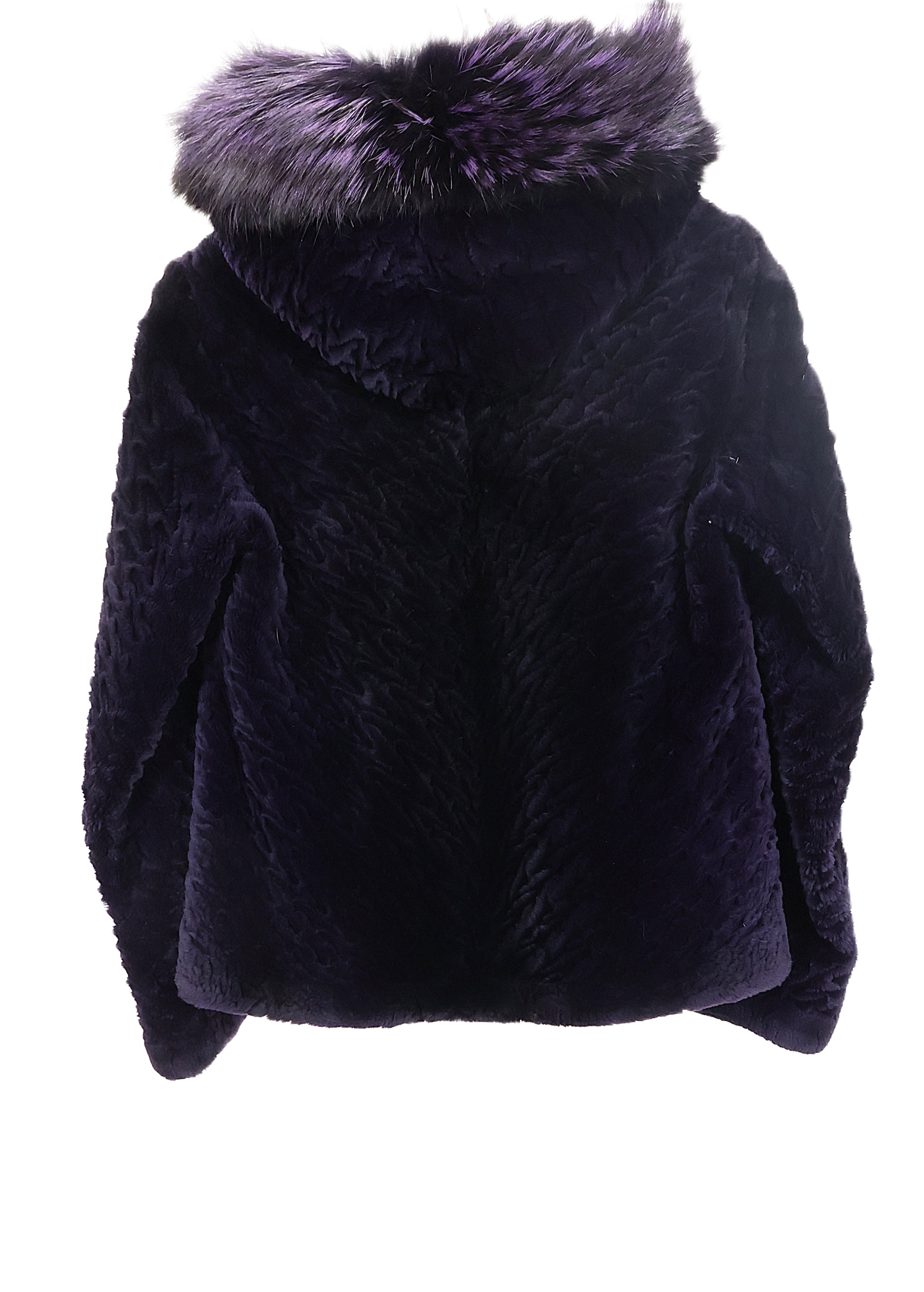 PRE-OWNED PURPLE DYED & LASER GROOVED SHEARED BEAVER HOODED JACKET W/ PURPLE DYED FOX TRIM & RHINESTONE ZIPPER