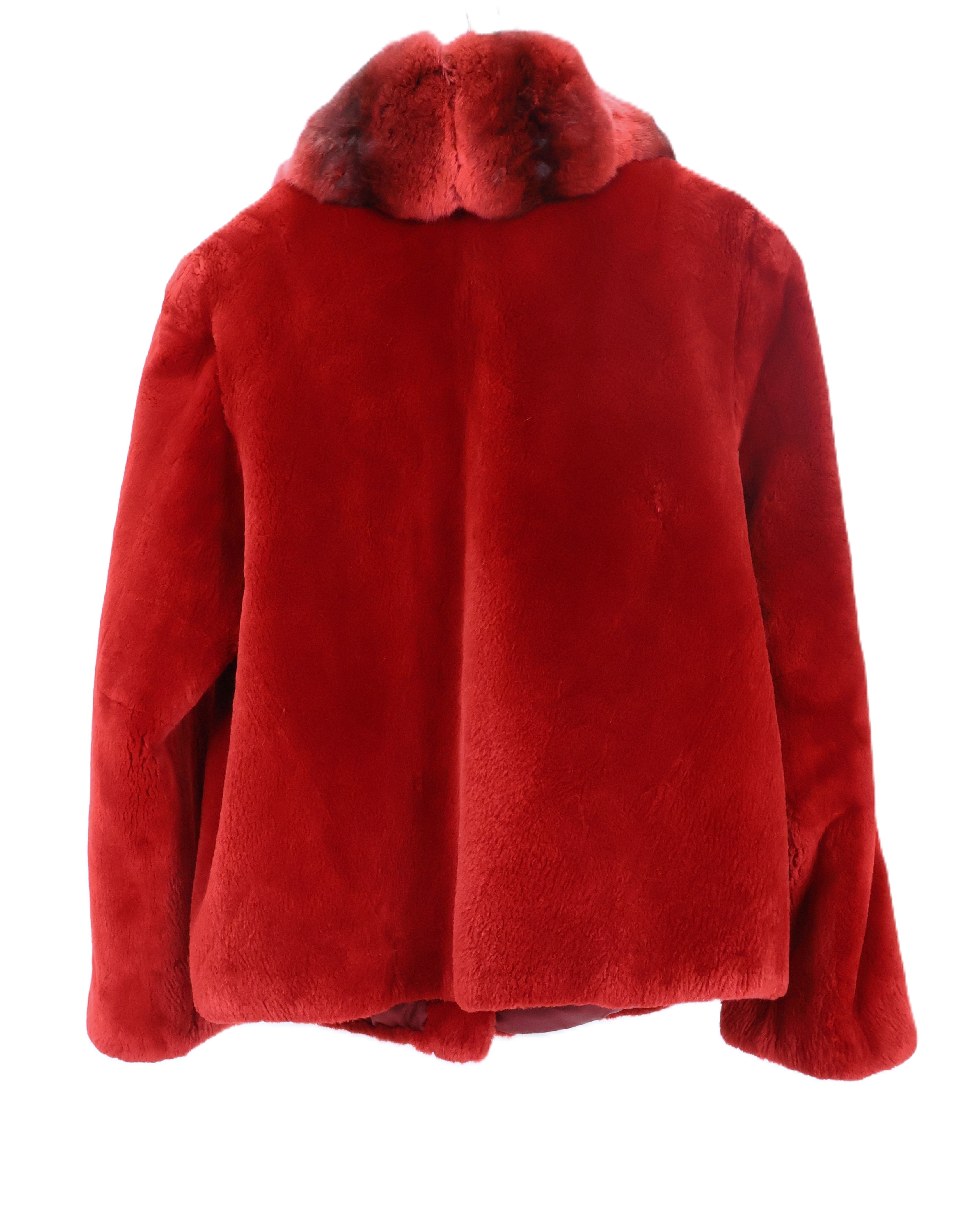 PRE-OWNED RED DYED SHEARED BEAVER JACKET W/ RED SYED CROSS CUT CHINCHILLA SHAWL COLLAR & STRAIGHT SLEEVES